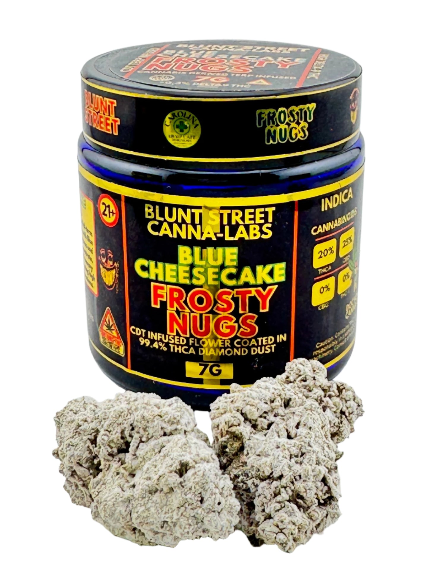 Jar of Blunt Street Canna-Labs Blue Cheesecake Frosty Nugs on a light background