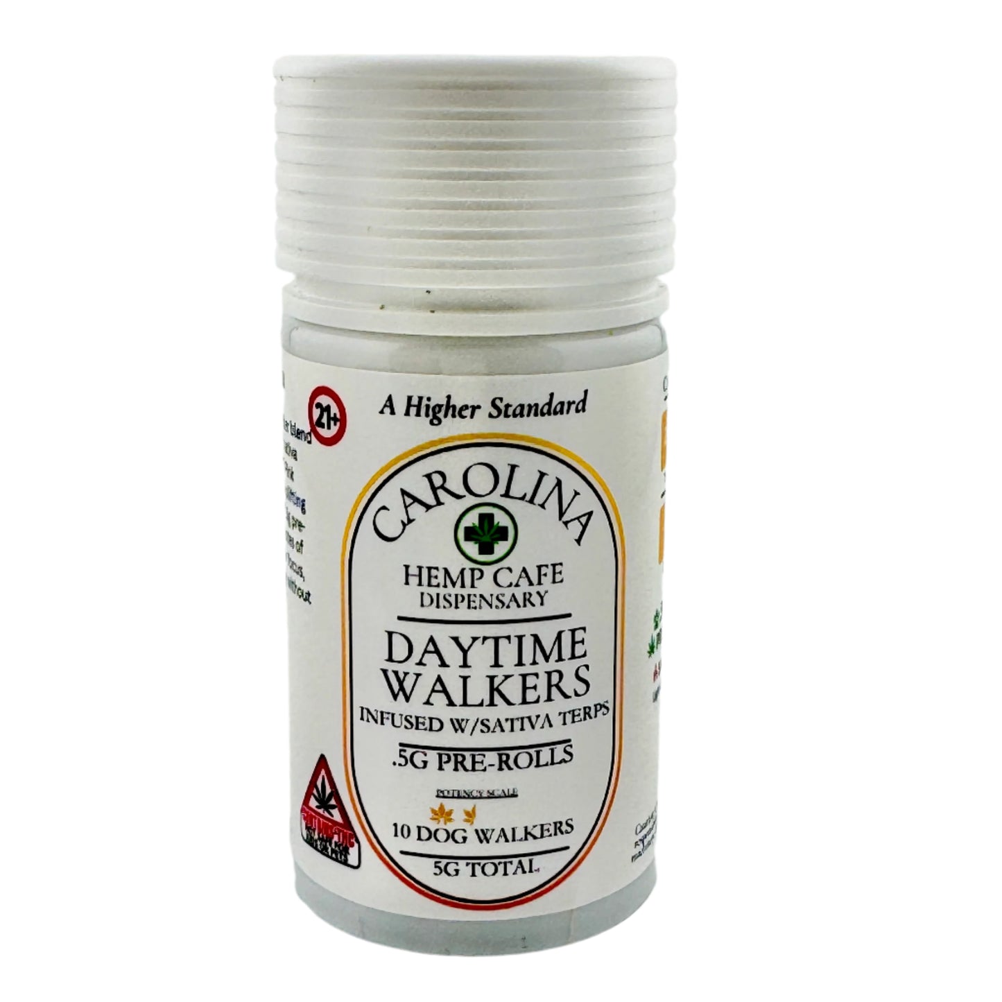 White container labeled 'Carolina Hemp Cafe Dispensary Daytime Walkers' on a gray background