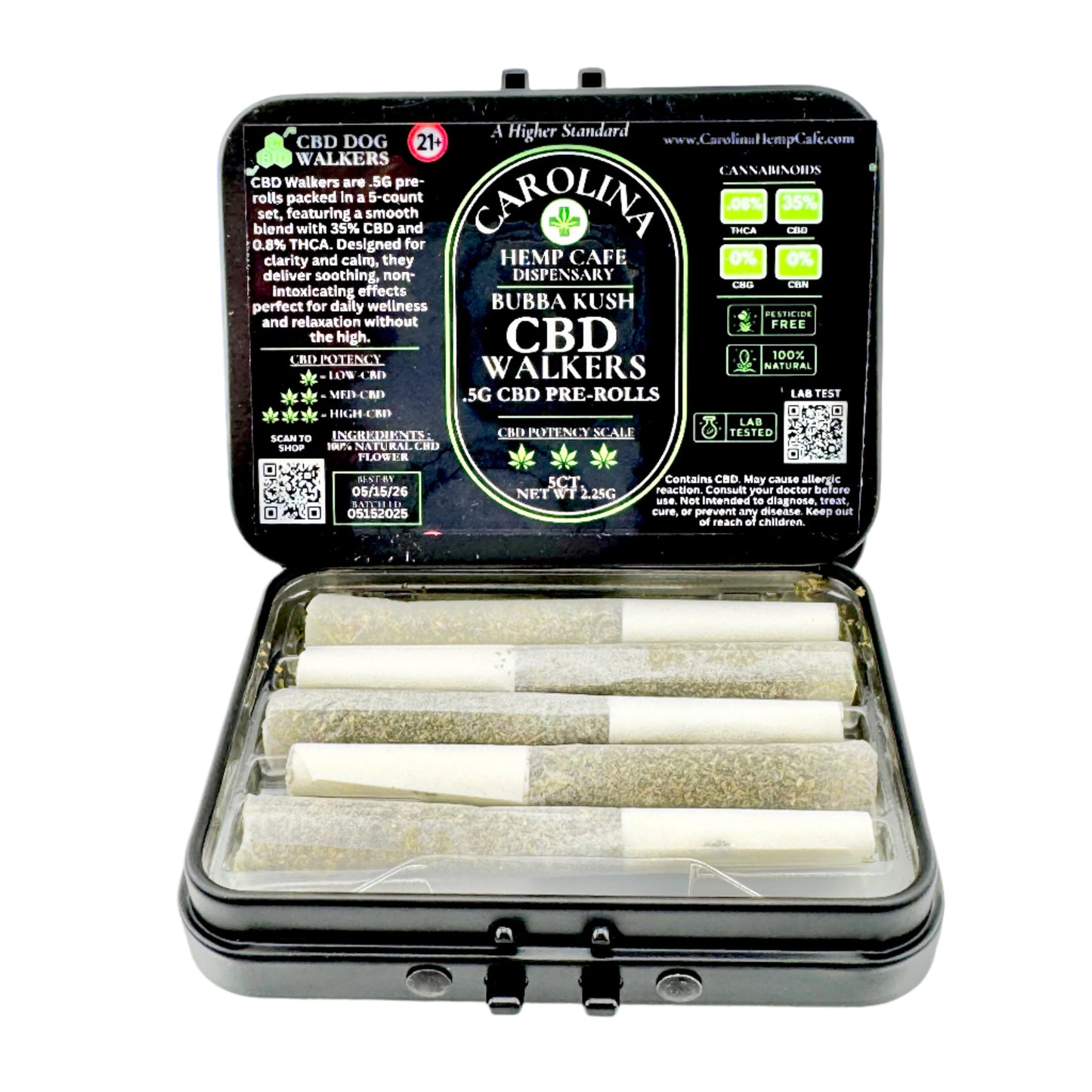 Carolina Hemp Cafe CBD Walkers pre-rolls in a black case on a white background