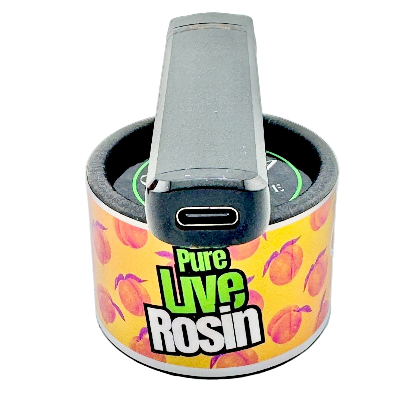 Container with a lid featuring 'Pure Live Rosin' branding on a light gray background
