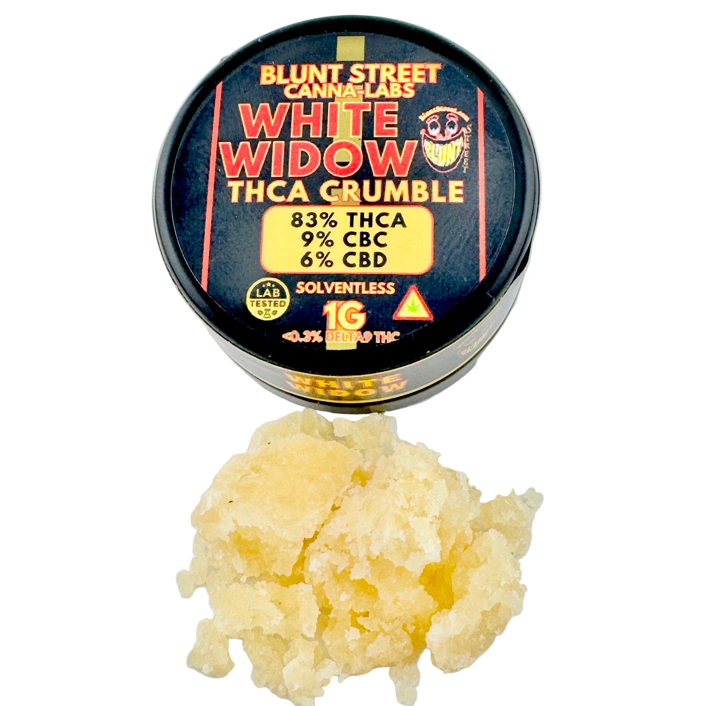 Blunt Street Canna Labs White Widow THCA Grumble container with cannabis resin on a white background