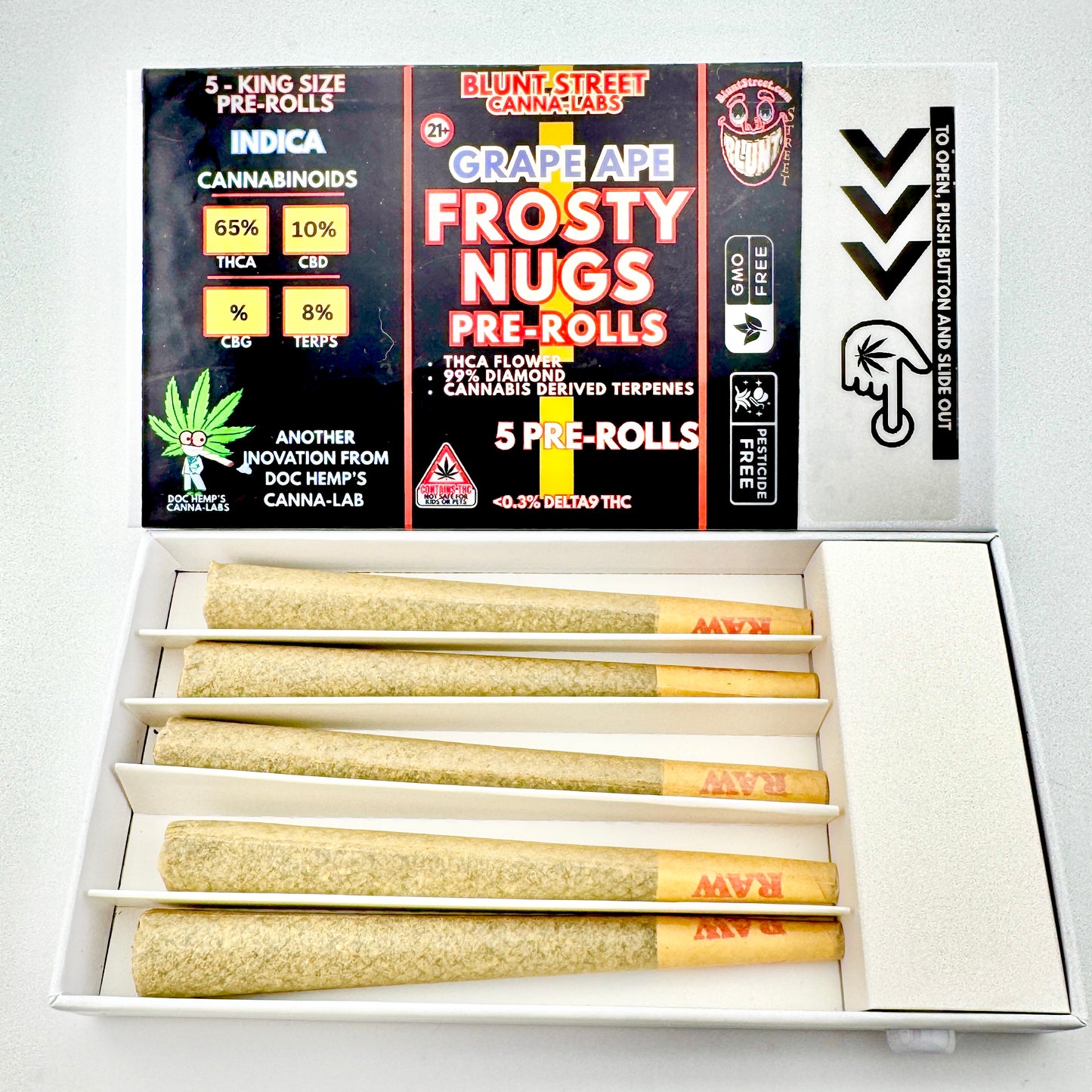 Box of Frosty Nugs pre-rolls with visible cannabis packaging on a white background
