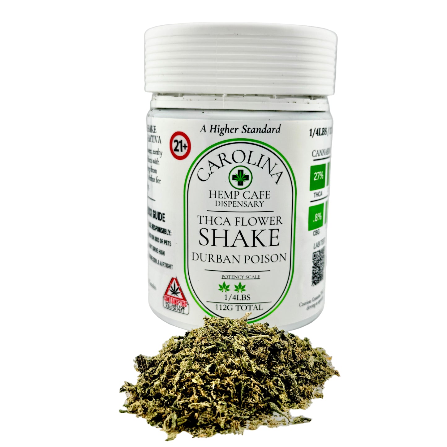 Jar of Carolina Hemp Cafe dispensary thc flower shake with cannabis leaves on a white background