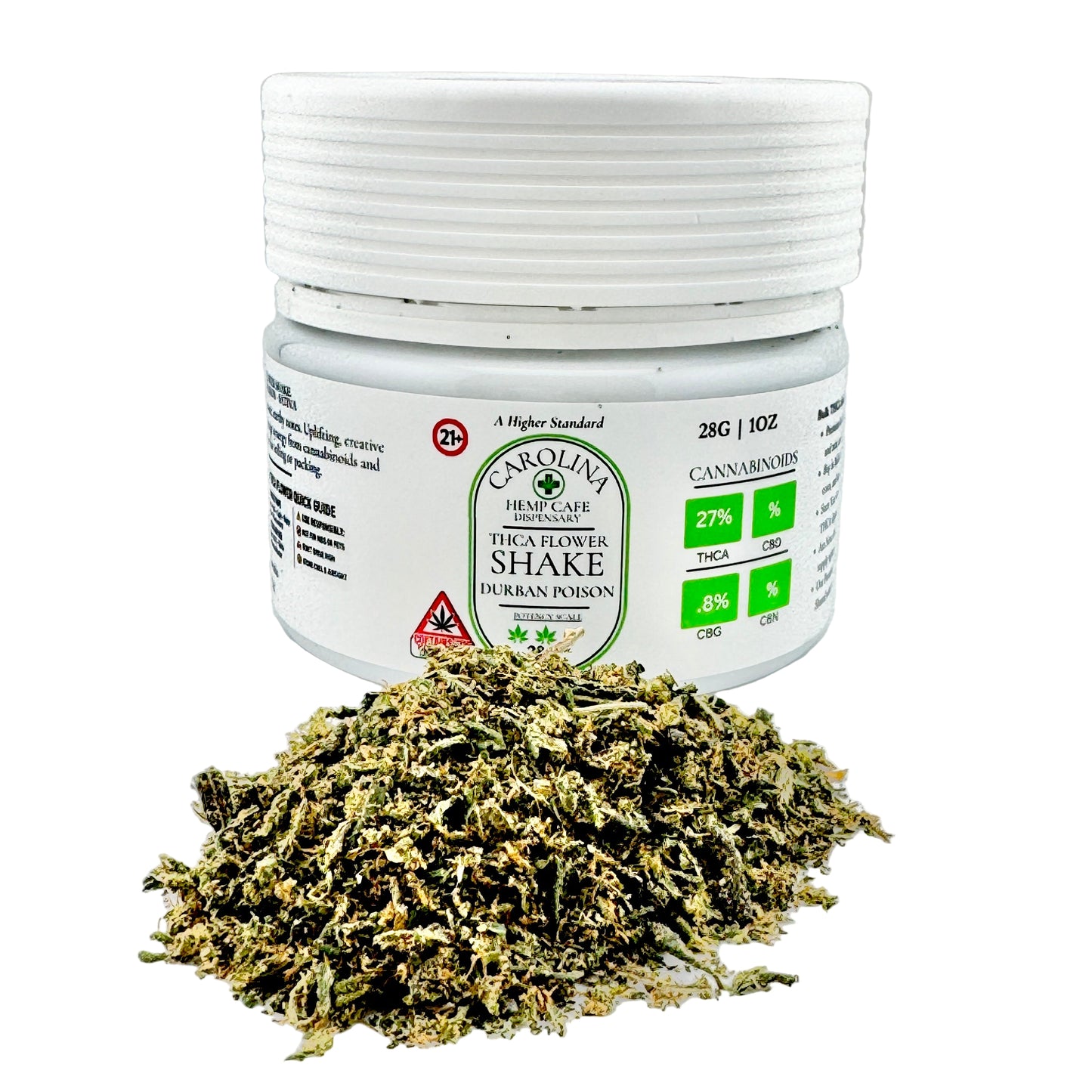 Jar of Carolina Hemp Cafe flower shake with cannabis leaves on a light gray background