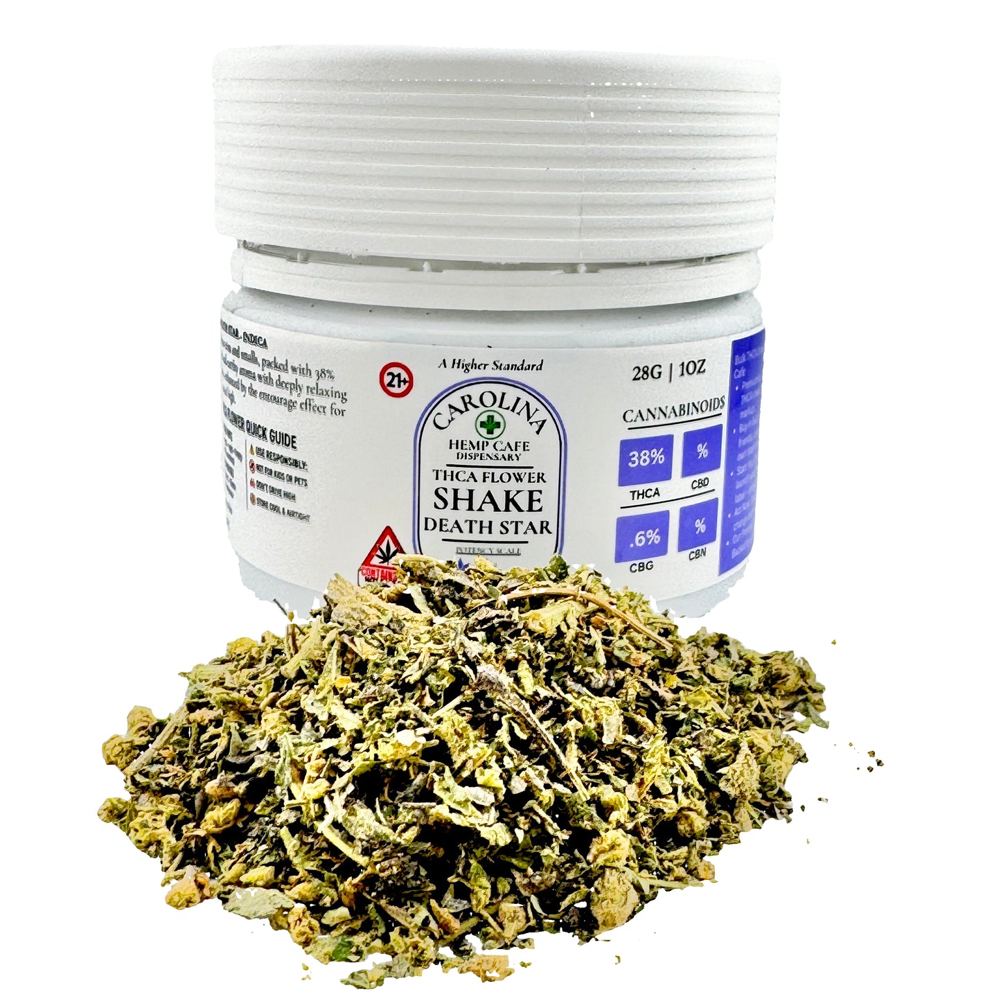 Jar of dried cannabis with a visible label on a white background