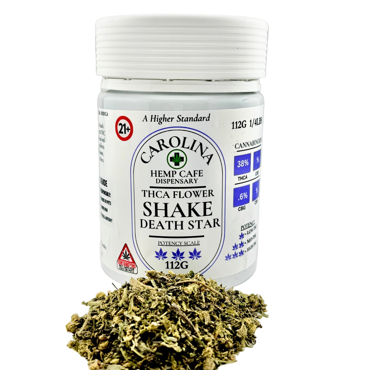 Jar of Carolina Hemp Cafe dispensary THC flower with cannabis leaves on a white background