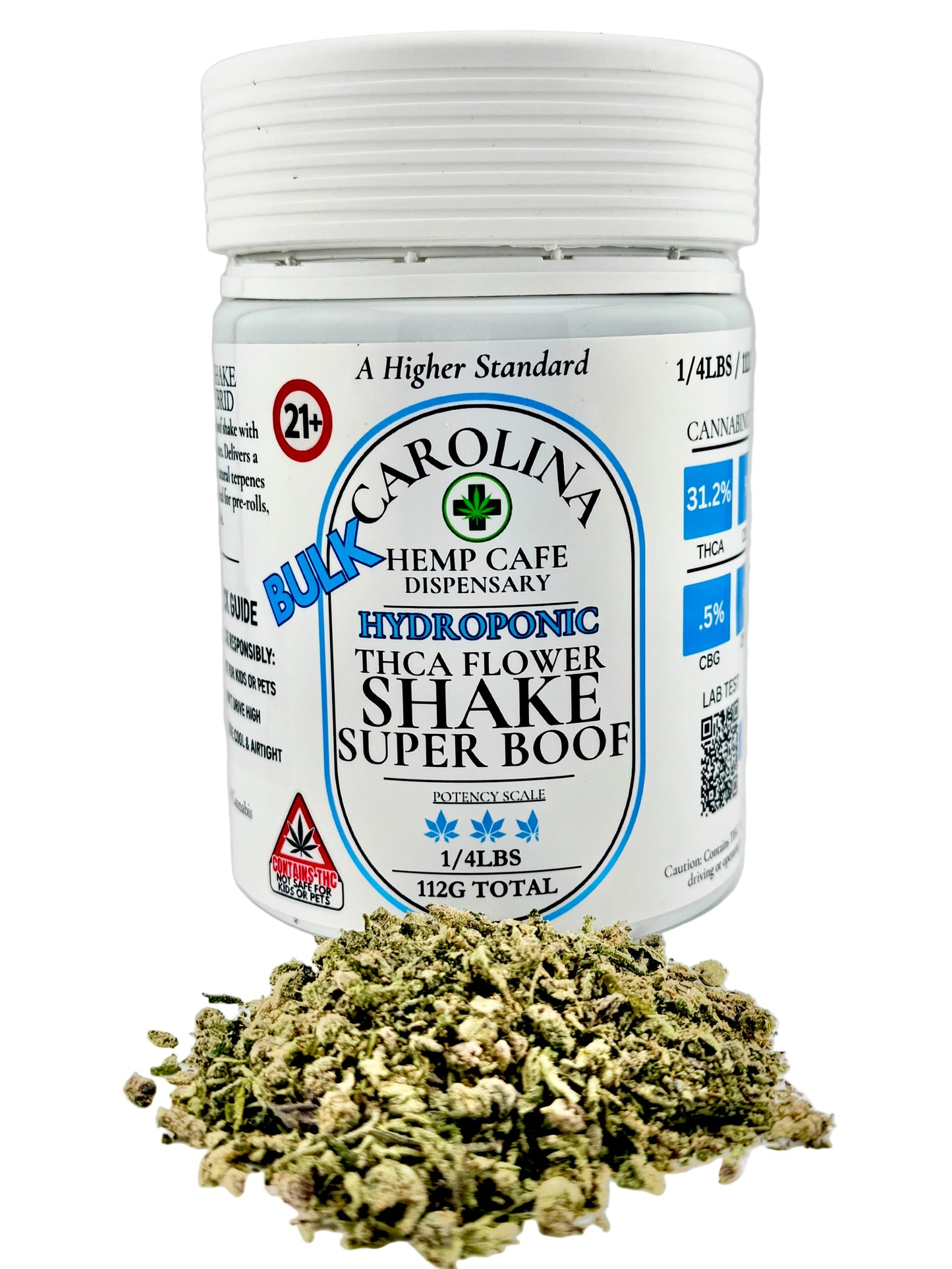 Jar of Carolina Hemp Cafe dispensary hydroponic THCA flower shake with cannabis leaves on a white background