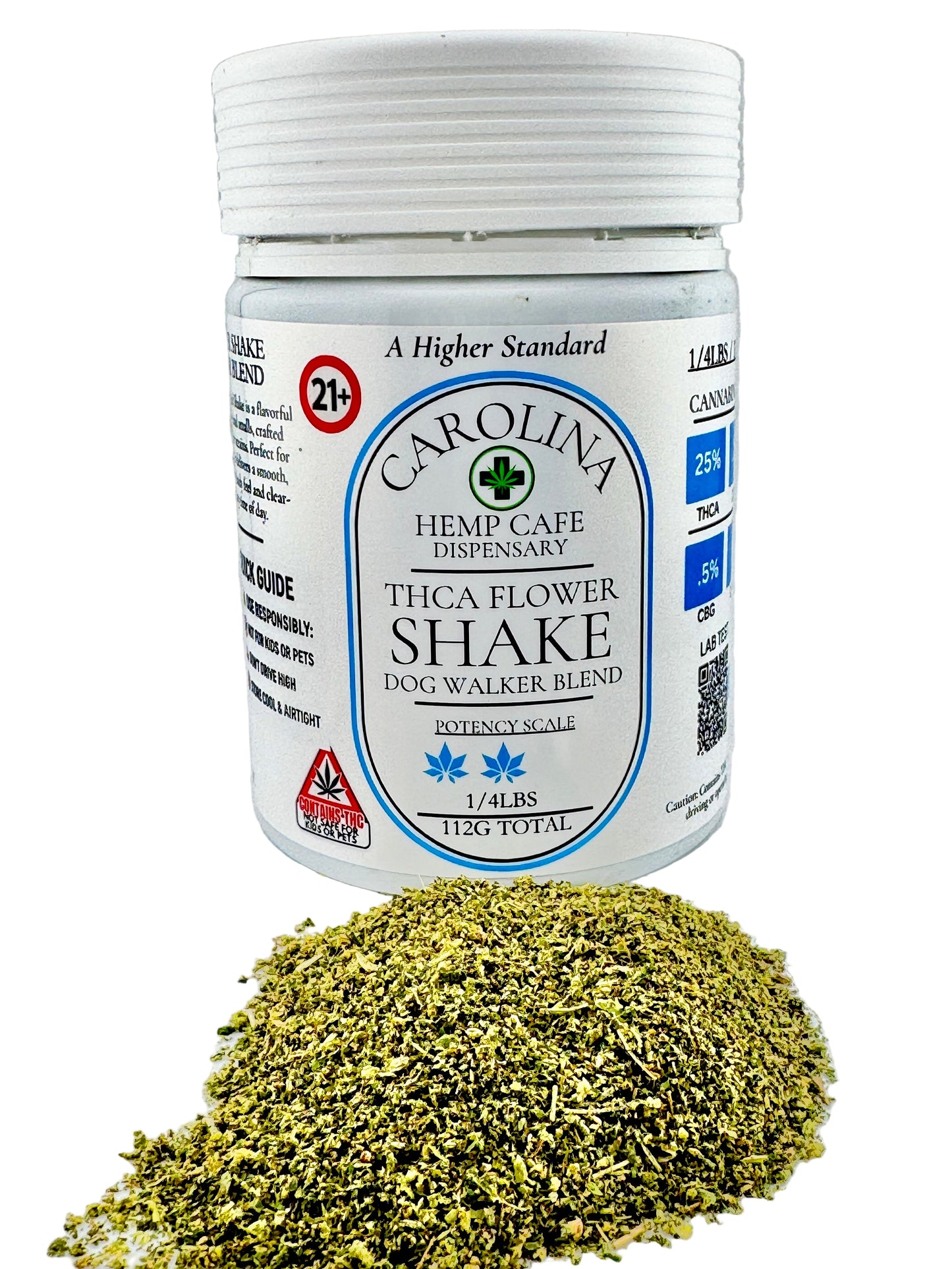 Jar of Carolina Hemp Cafe dispensary THCA flower shake with green herb on a gray background