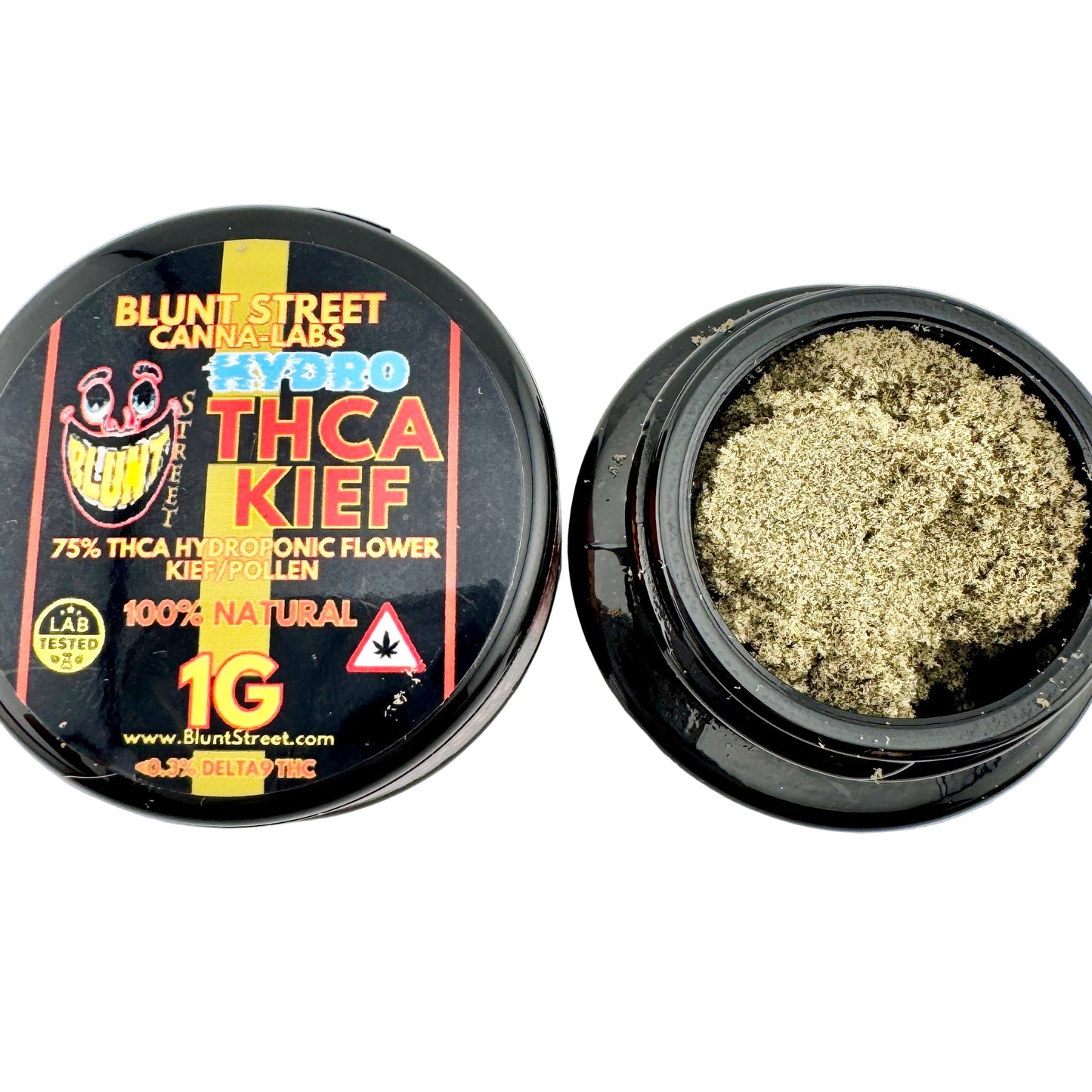 Open container of Blunt Street Cannabis Labs THCA Kief on a light gray background