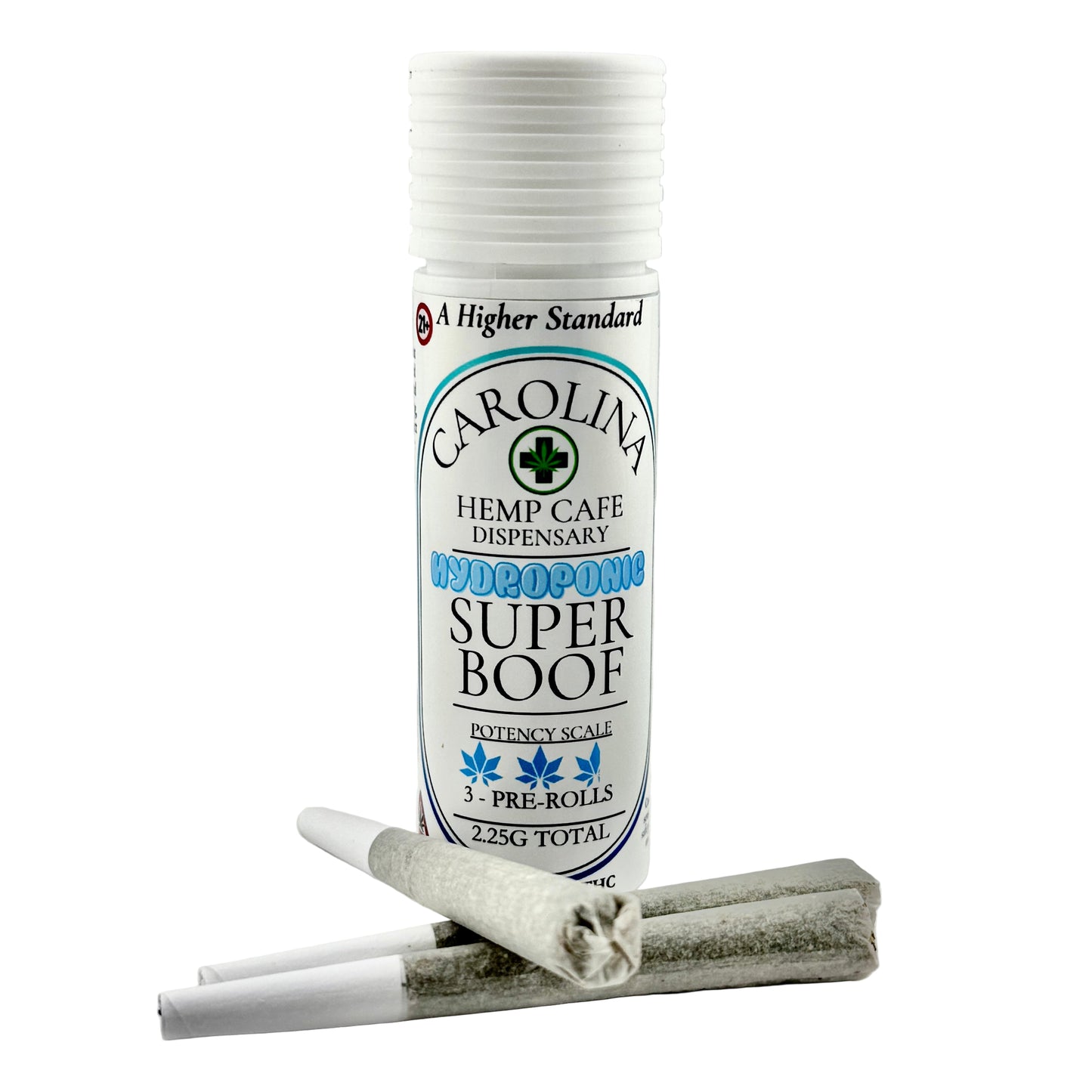 Carolina Hemp Cafe dispensary product with pre-rolls on a gray background