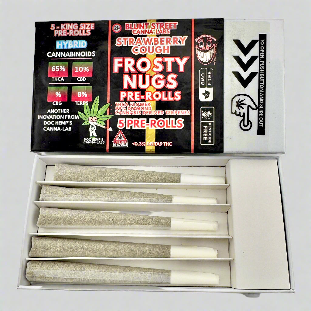 Box of Frosty Nugs pre-rolls with packaging displaying product details on a white background