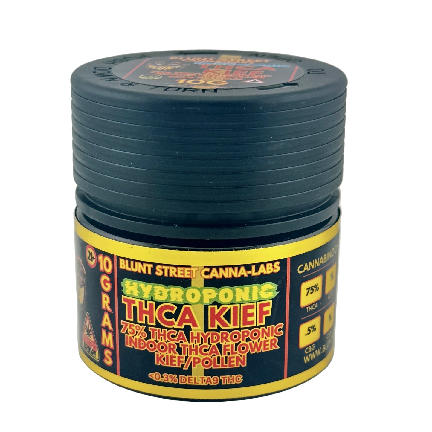 Cannabis product container with label on a gray background