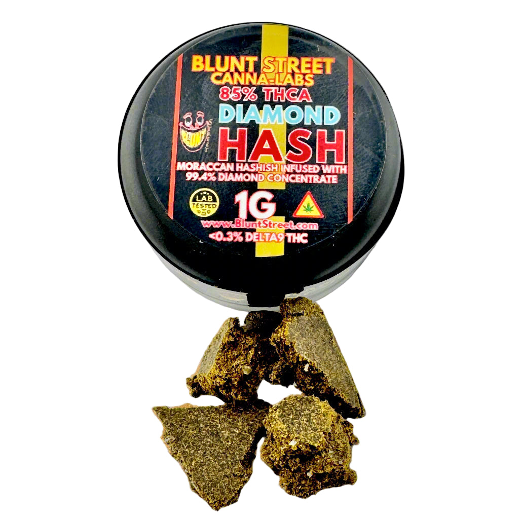 Container of Blunt Street Cannatabs Diamond Hash with cannabis buds on a gray background