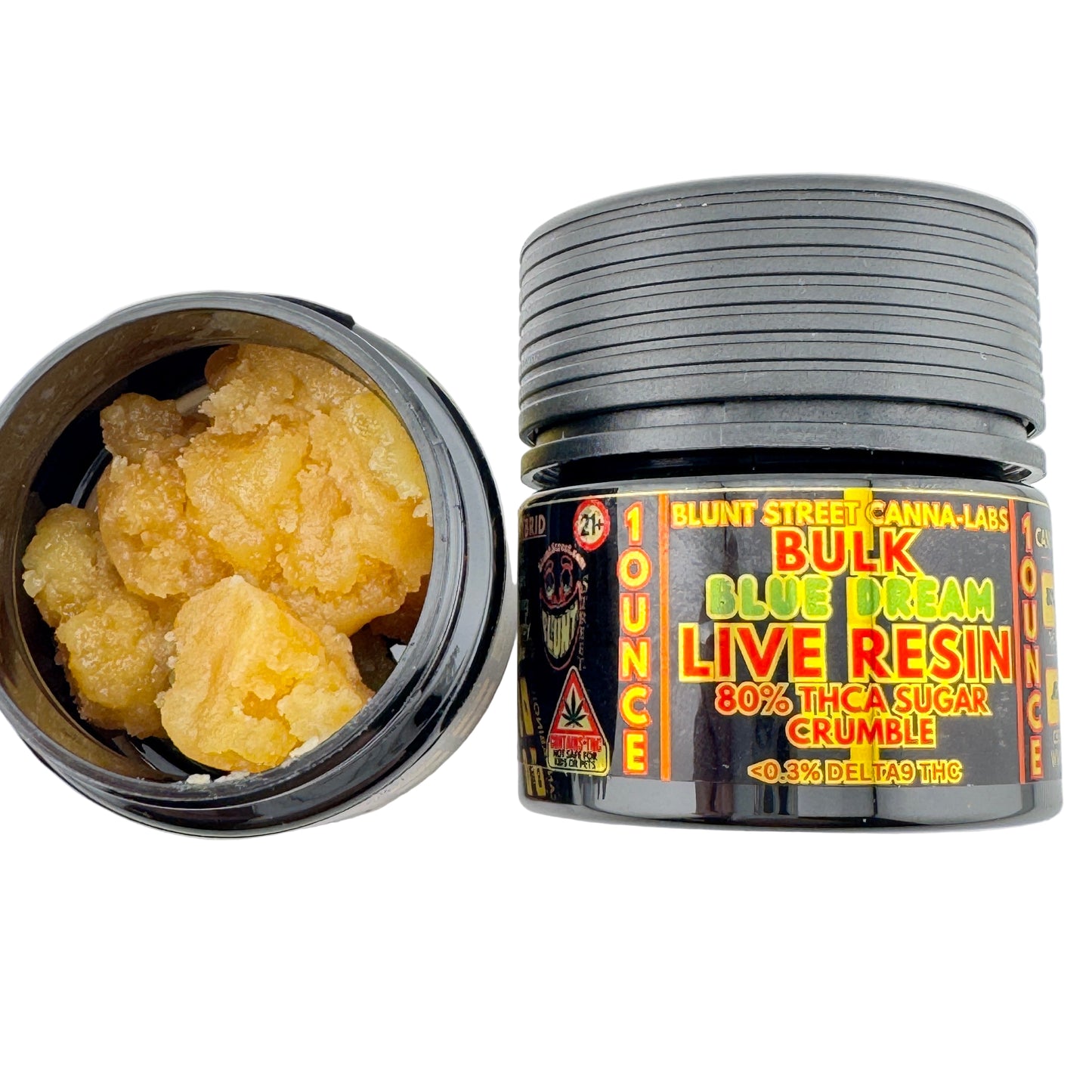 Jar of live resin with visible contents on a white background