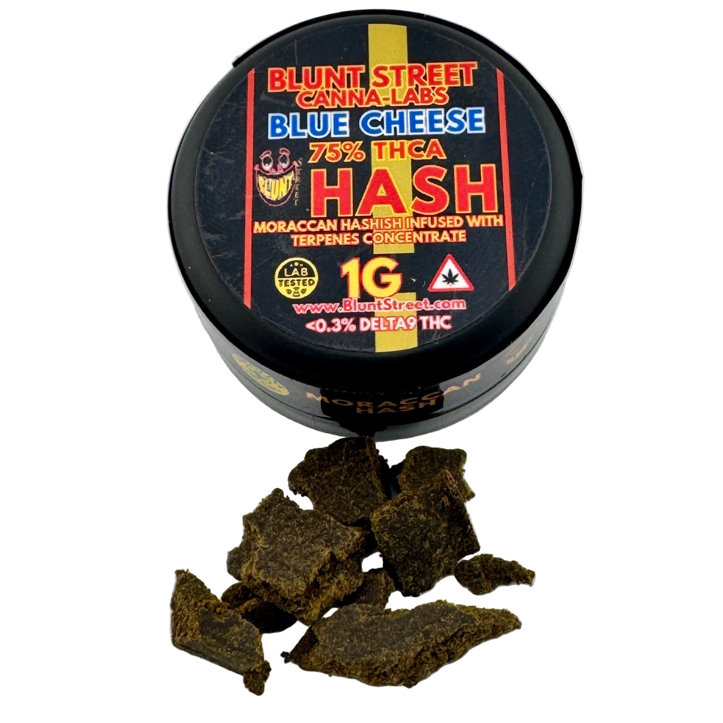 Container of Blunt Street Canna-Labs Blue Cheese Hash with hash outside the container on a white background