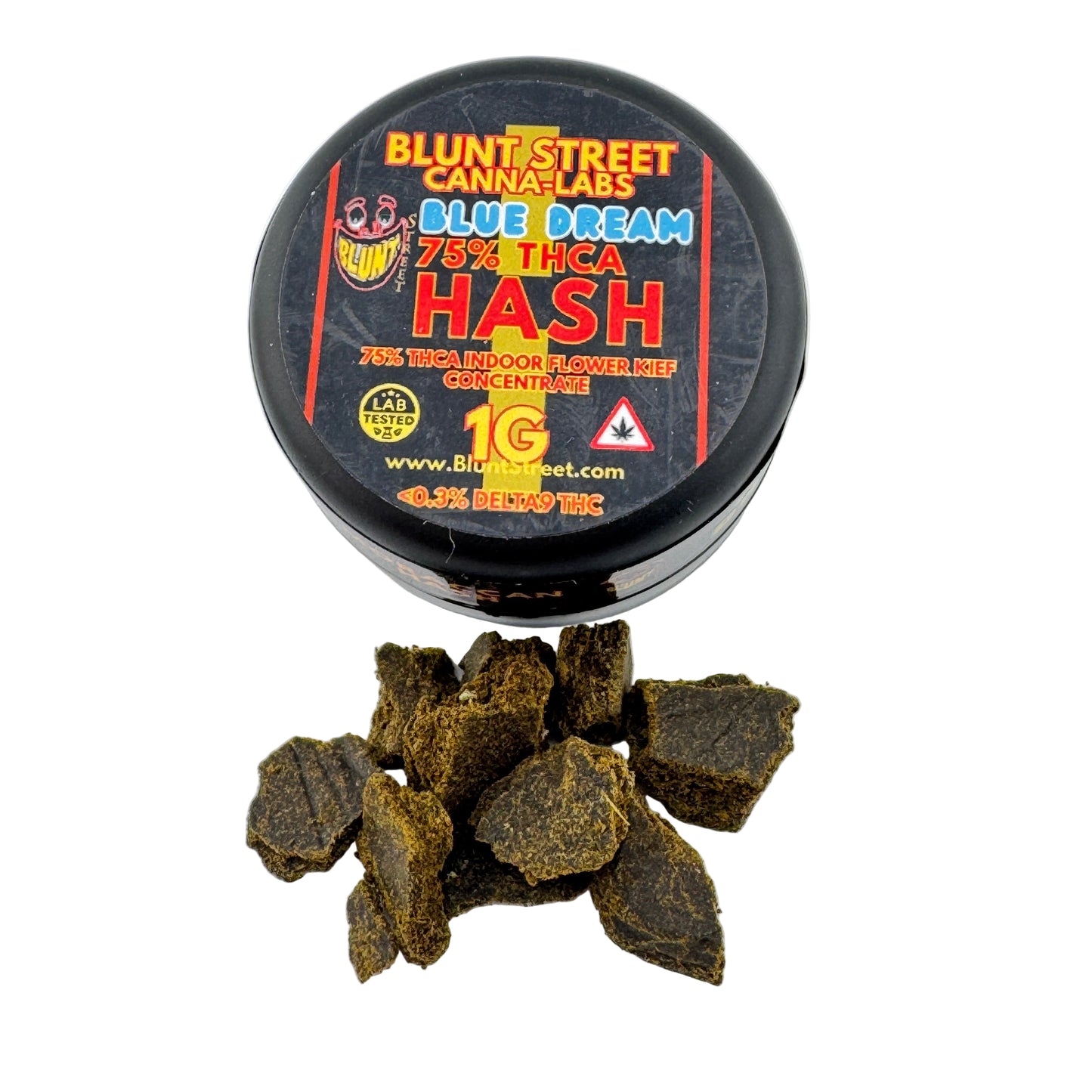 Blunt Street Cannabis Labs blue dream hash with packaging on a white background