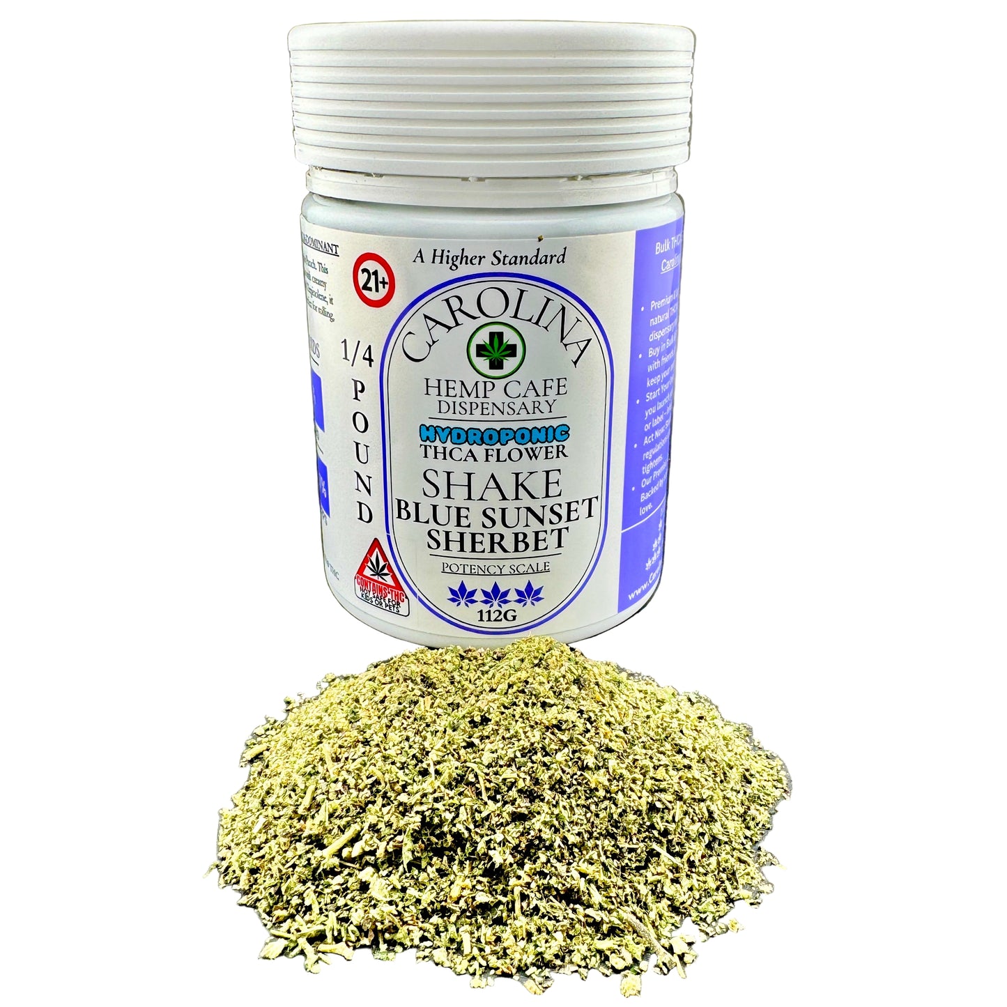 Jar of Carolina Hemp Cafe dispensary product with a heaped pile of green powder on a gray surface.