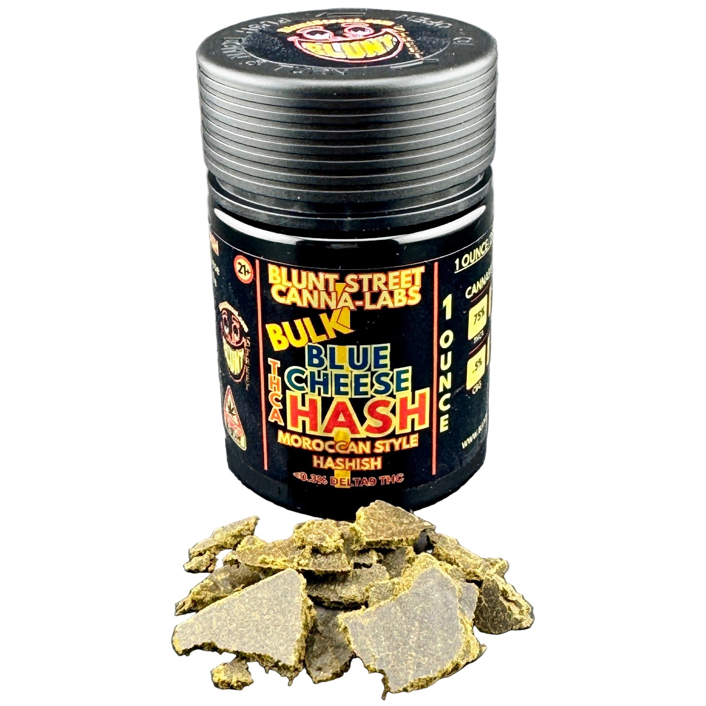 Jar of blue cheese hash with visible hash on a gray background