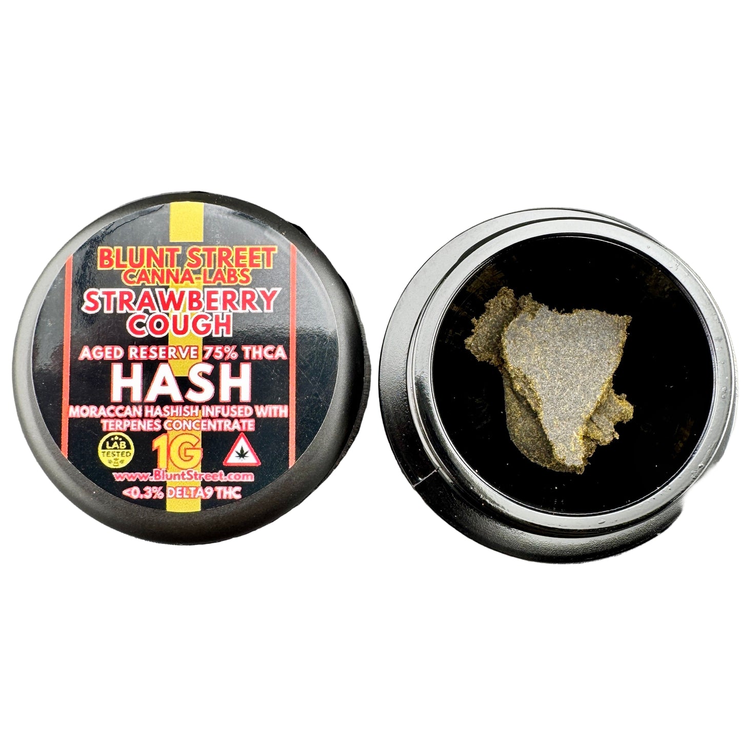 Hash product in a container with Blunt Street Canna Labs label on a gray background