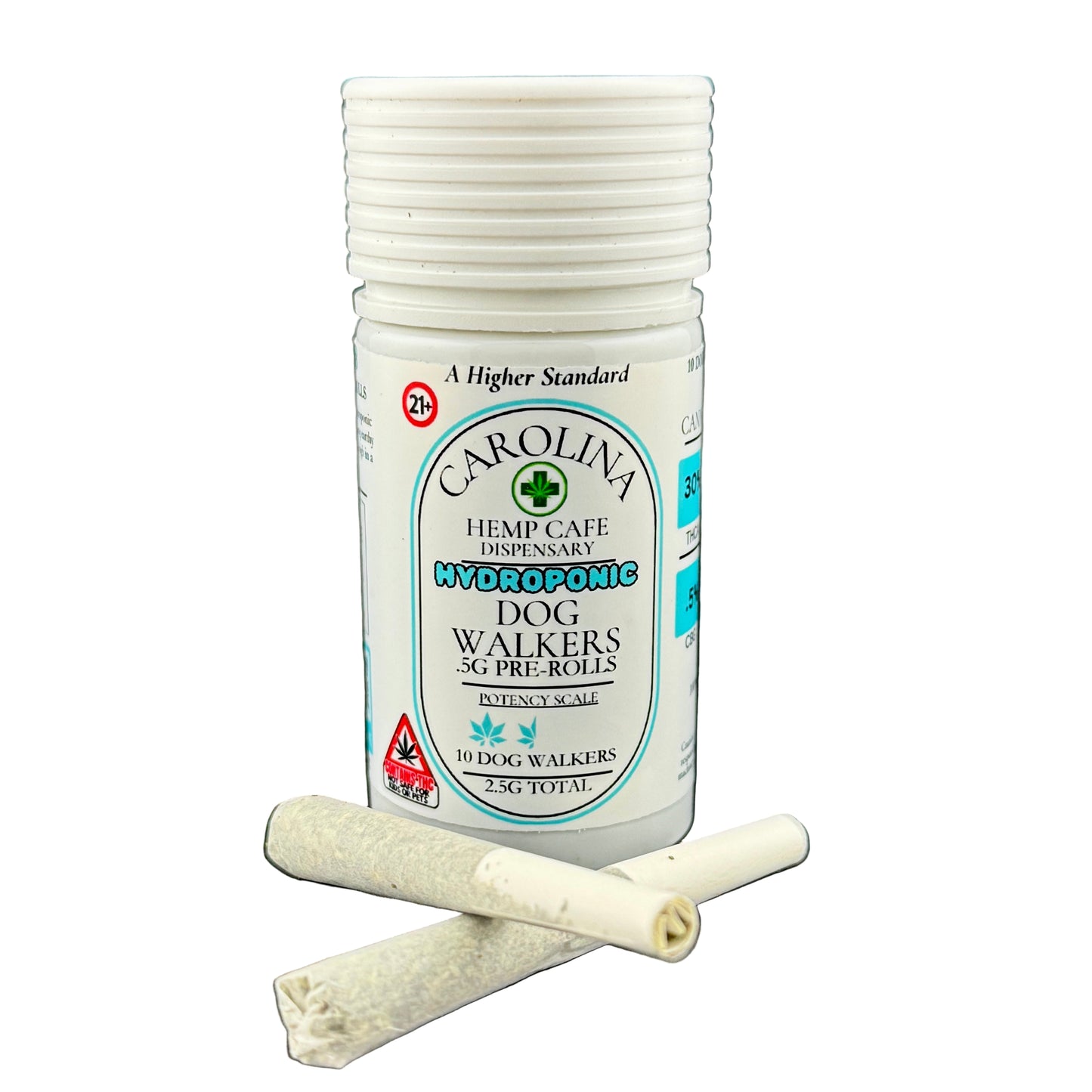 Container of Carolina Hemp Cafe dispensary pre-rolls on a dark background