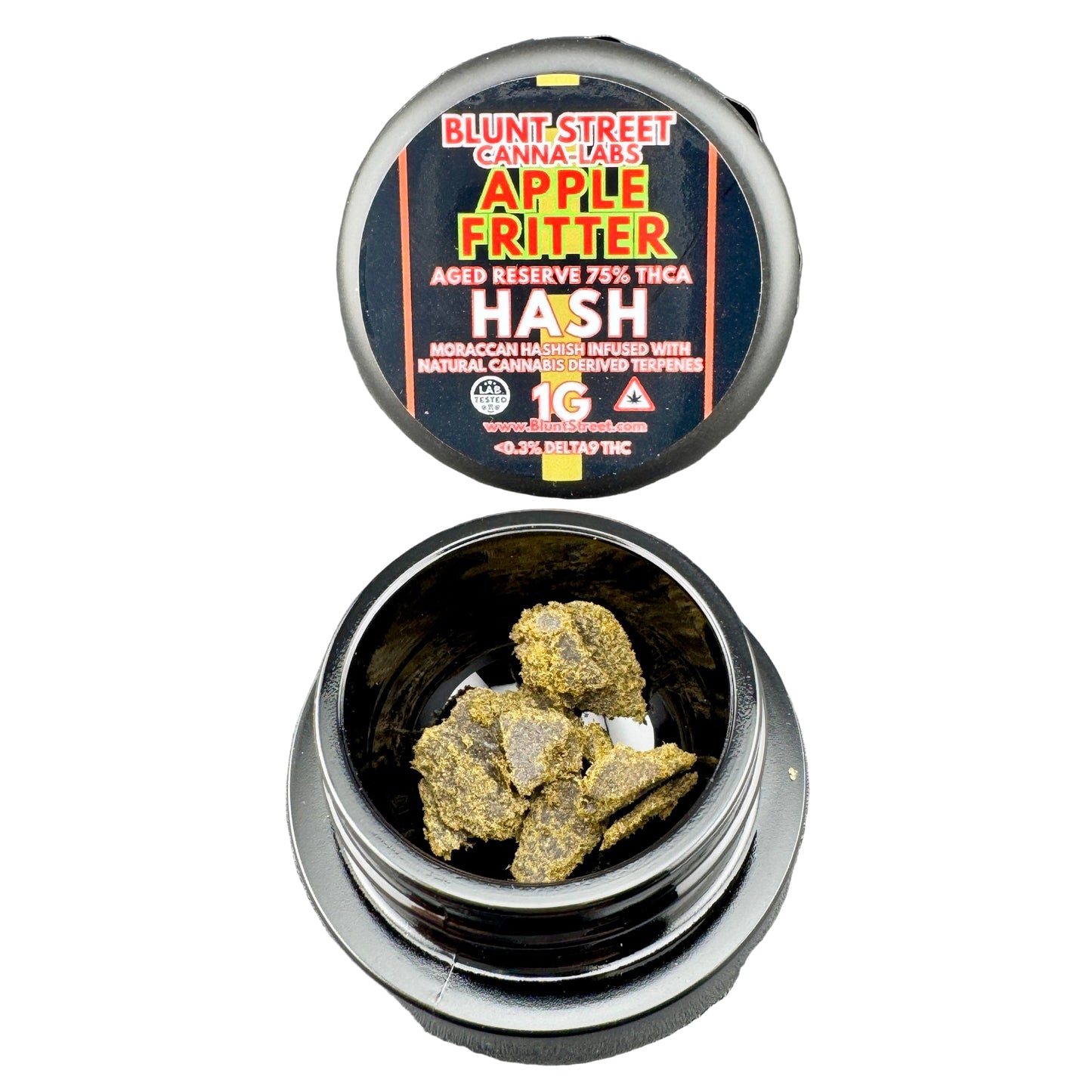 Hash in a container with 'Blunt Street Canna Labs Apple Fritter' packaging on a gray background
