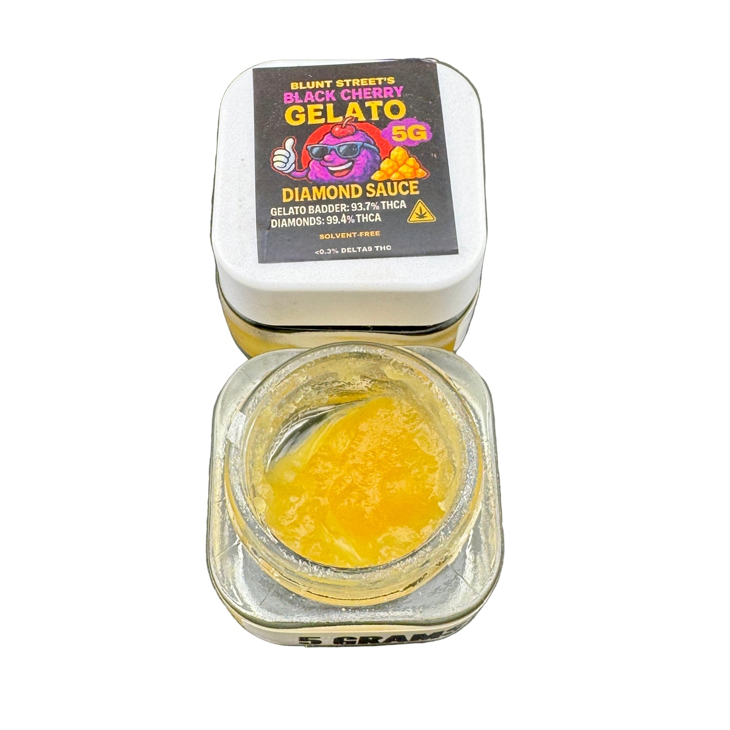 Jar of yellow substance with a labeled container on a gray background