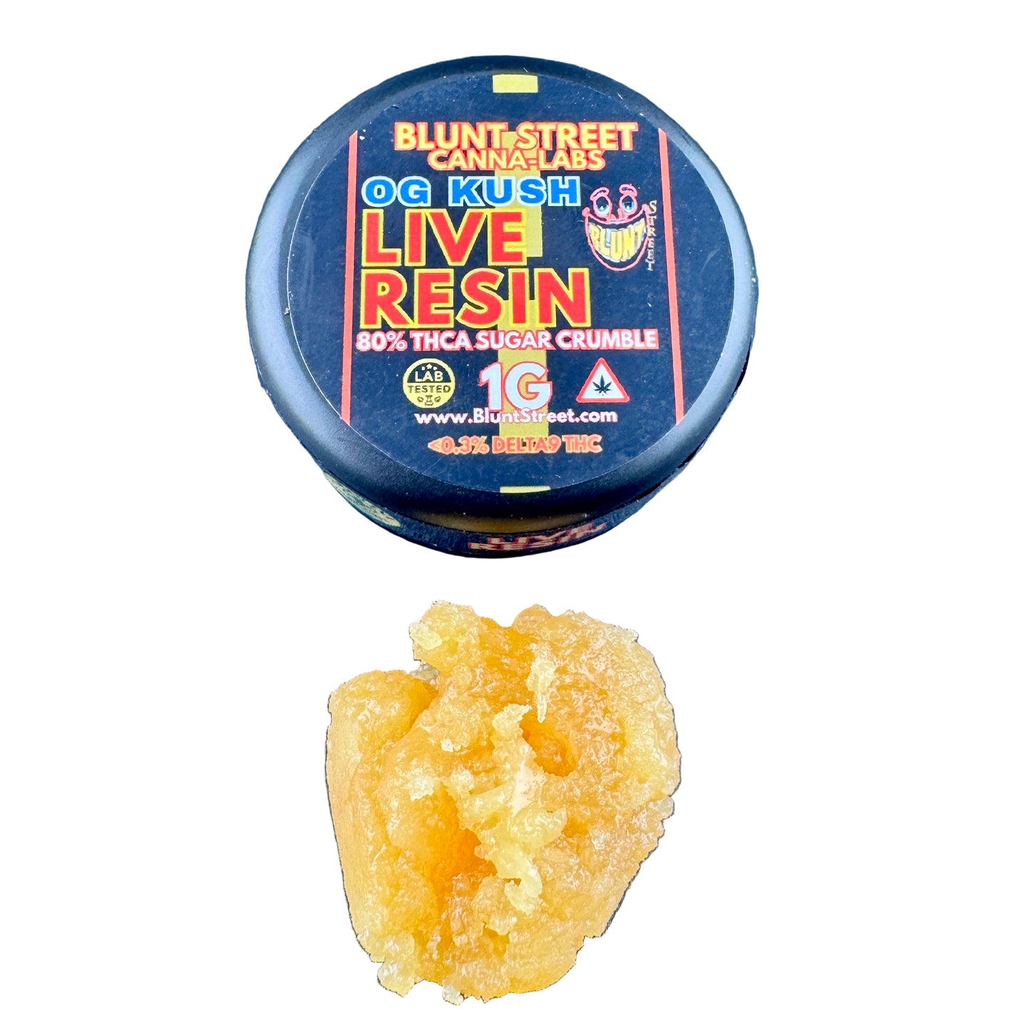 Blunt Street Cannabis Labs OG Kush Live Resin container with cannabis resin on a blue background