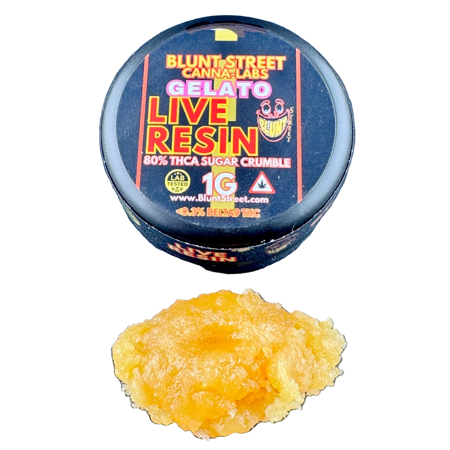 Blunt Street Canna Labs Gelato Live Resin container with yellow resin on a gray background