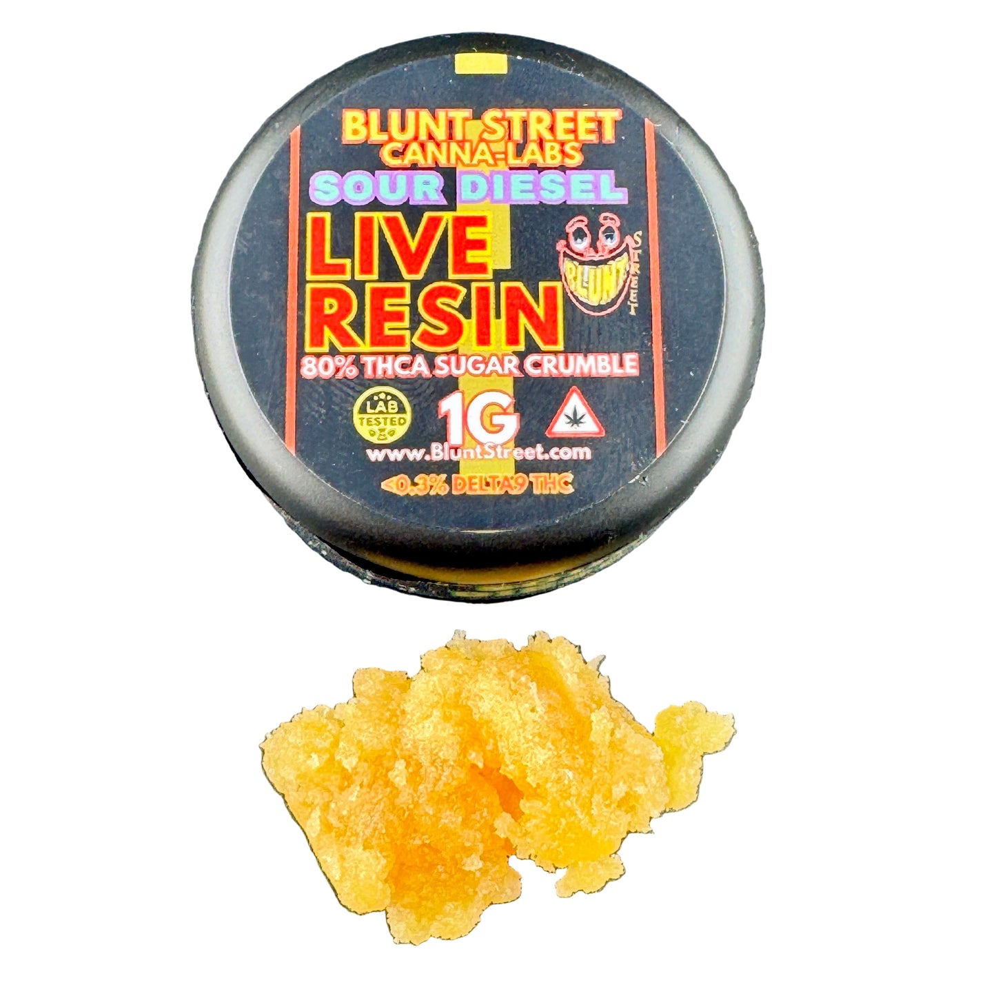 Blunt Street Cannabis Labs Sour Diesel Live Resin container with yellow resin on a gray background