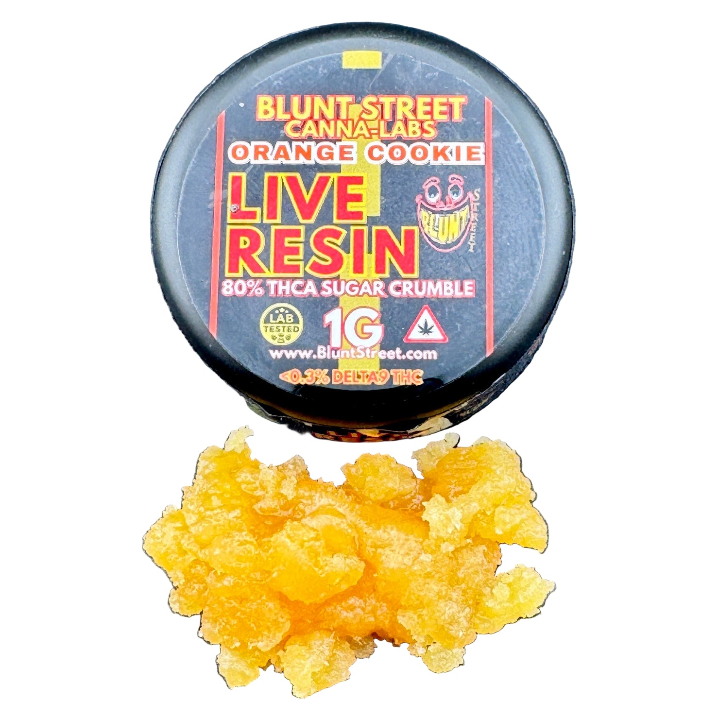 Blunt Street Canna Labs live resin product with yellow resin on a gray background