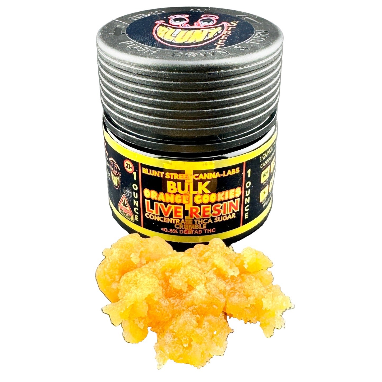 Jar of live resin concentrate with a small amount on a gray surface