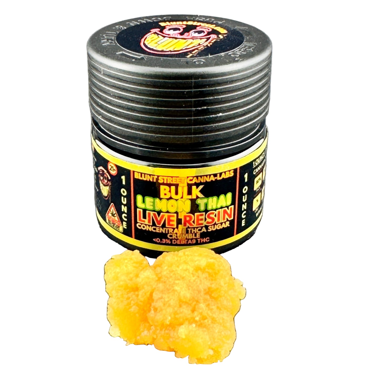 Jar of bulk lemon Thai live resin concentrate on a gray background