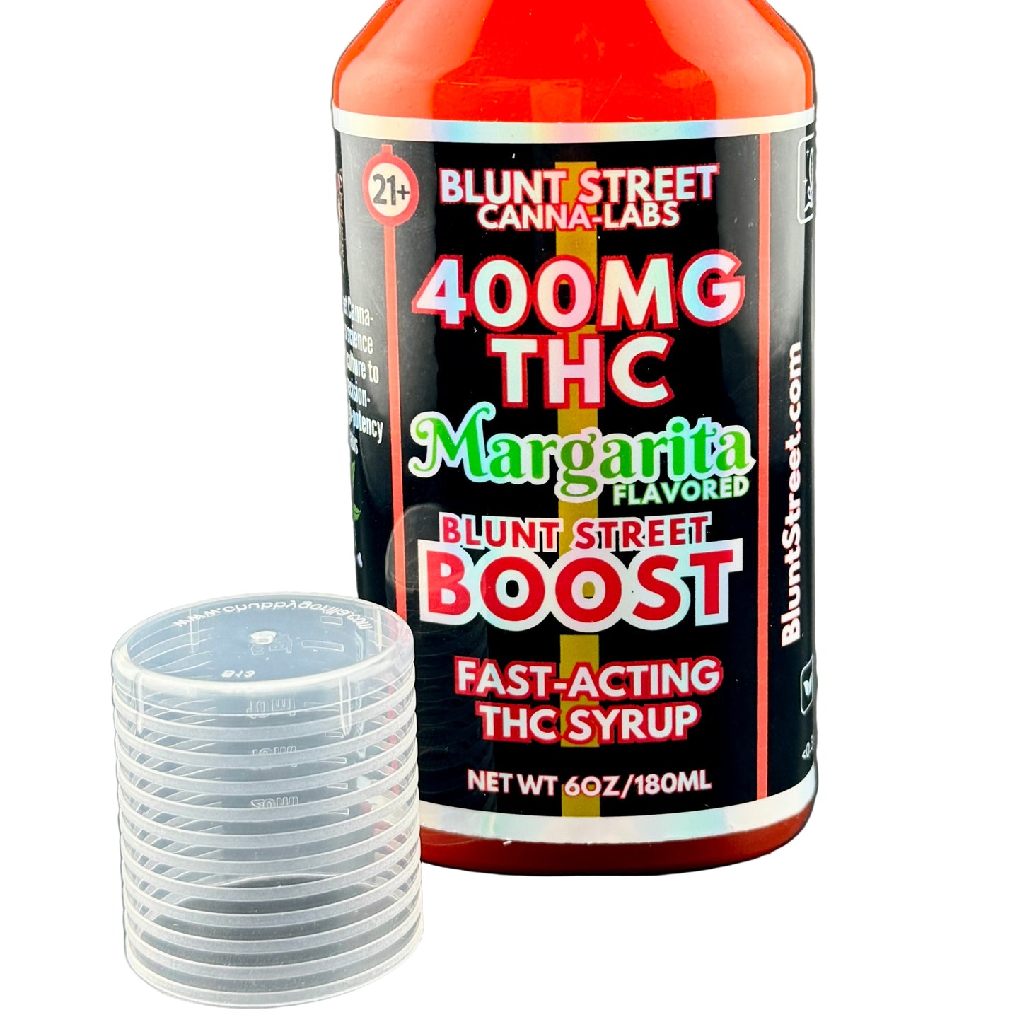 Blunt Street Canna-Labs THC syrup bottle with measuring cups on a dark background