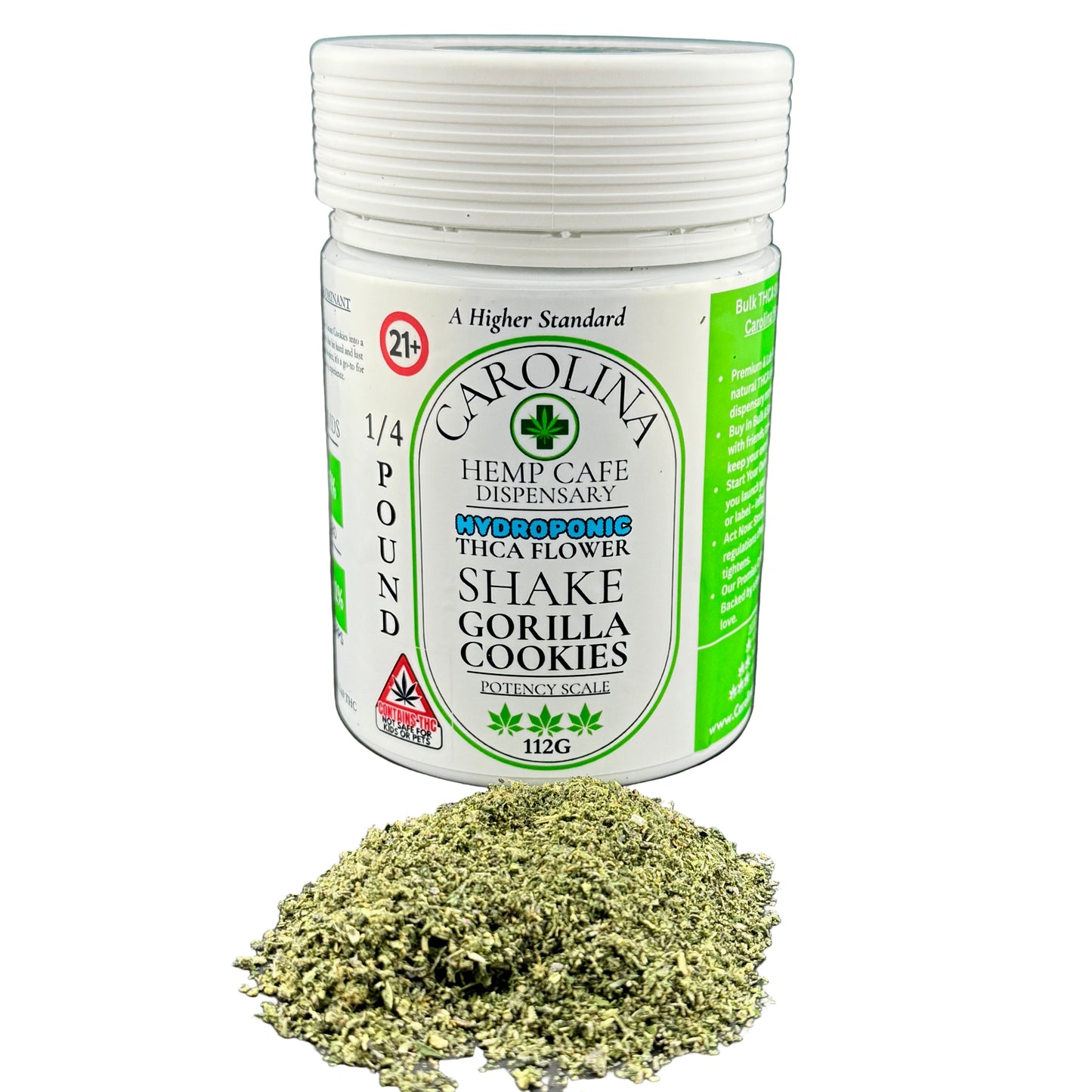 Jar of Carolina Hemp Cafe dispensary product with green powder on a gray background