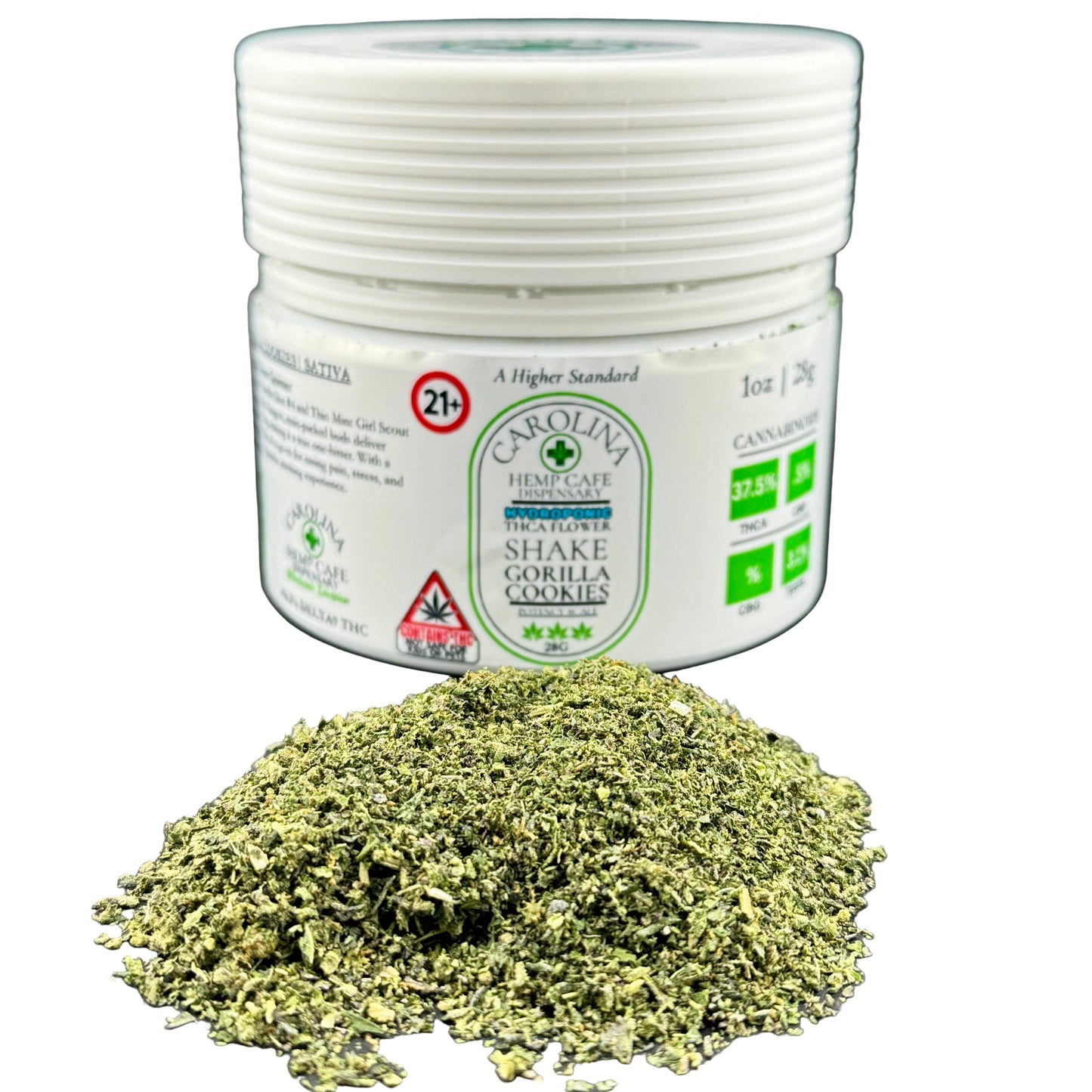 Jar of Carolina HempCare product with green powder on a gray background