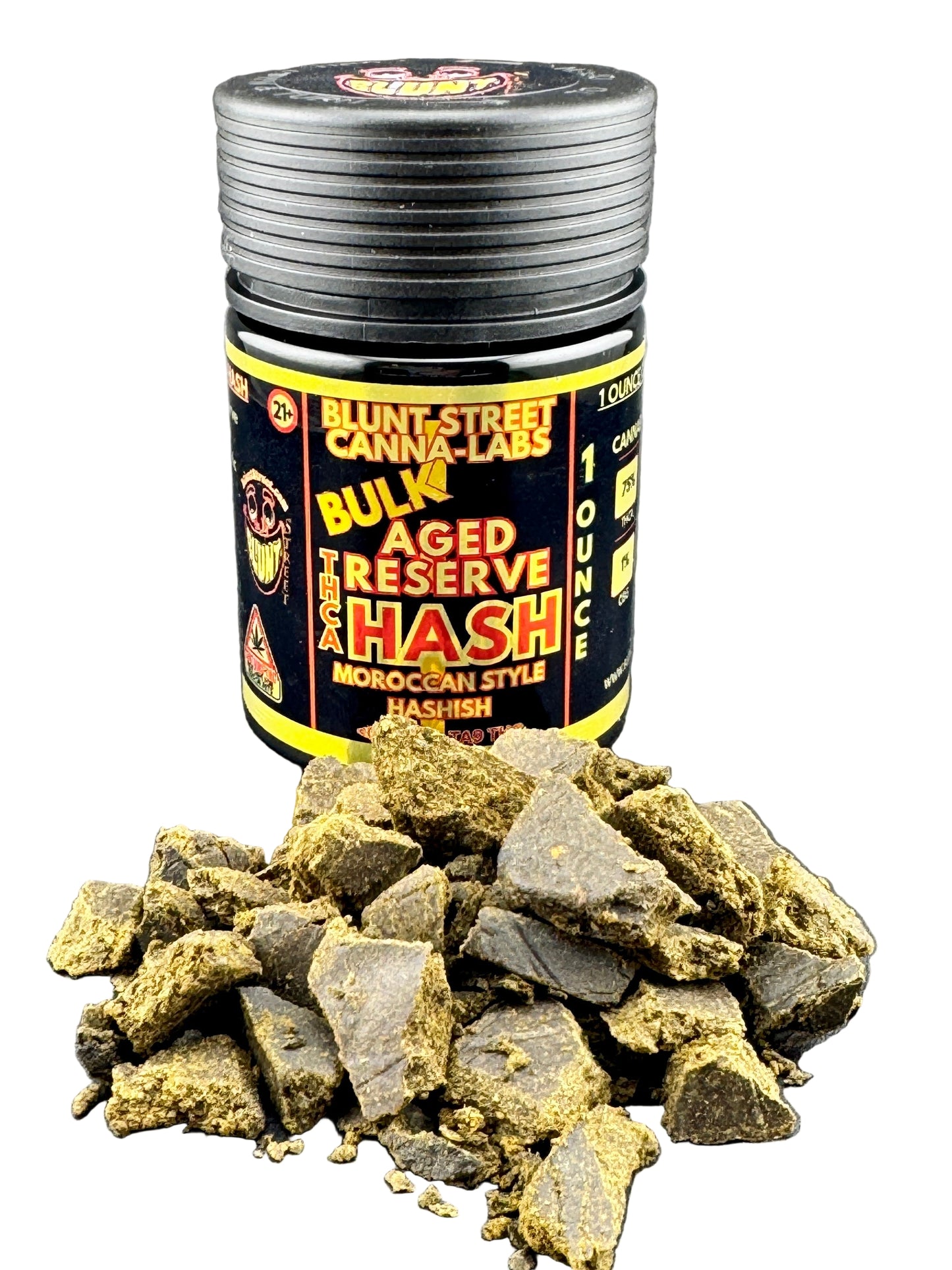 Jar of Blunt Street Canna Labs hash with hashish outside on a gray background