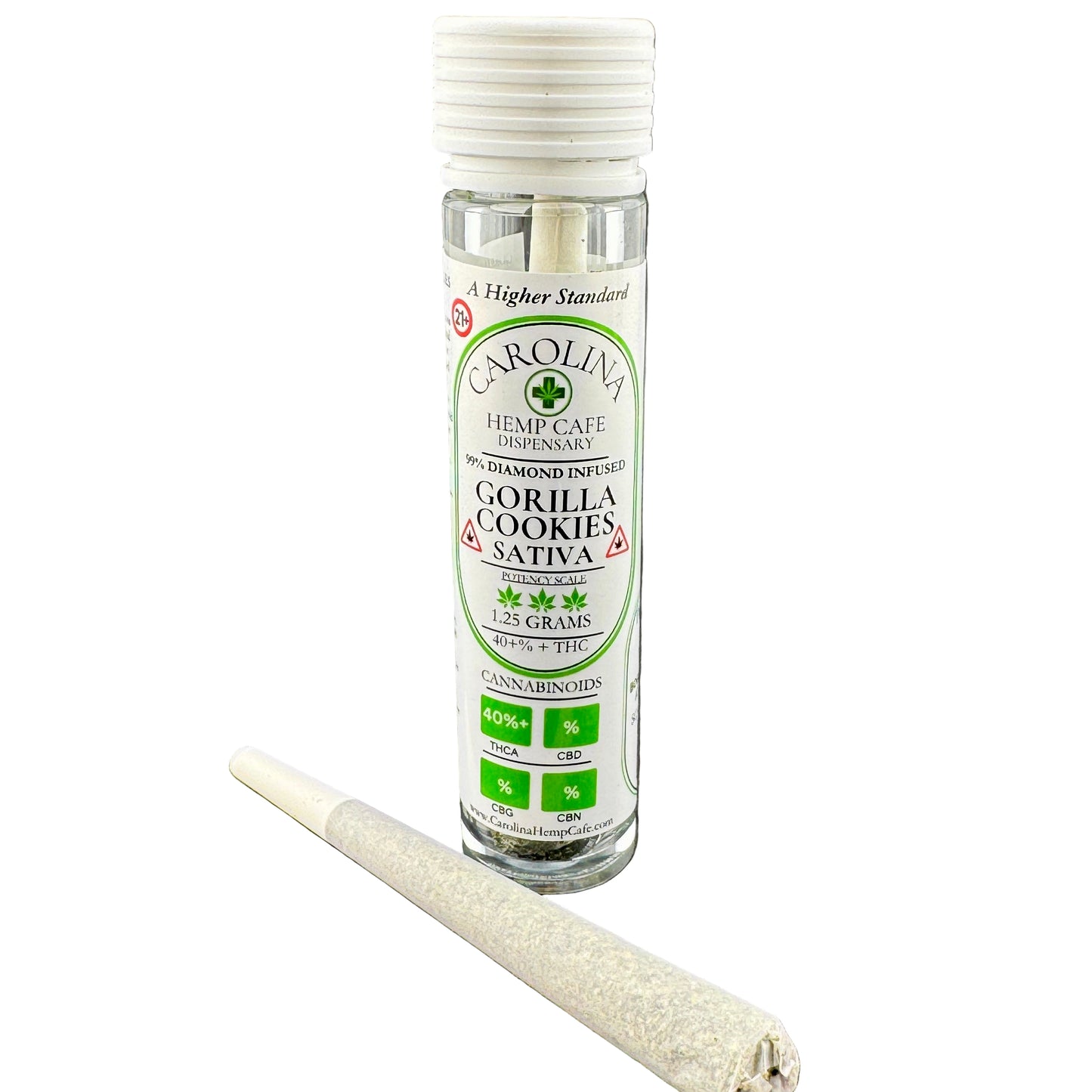 Carolina Hemp Cafe product with a cone on a gray background