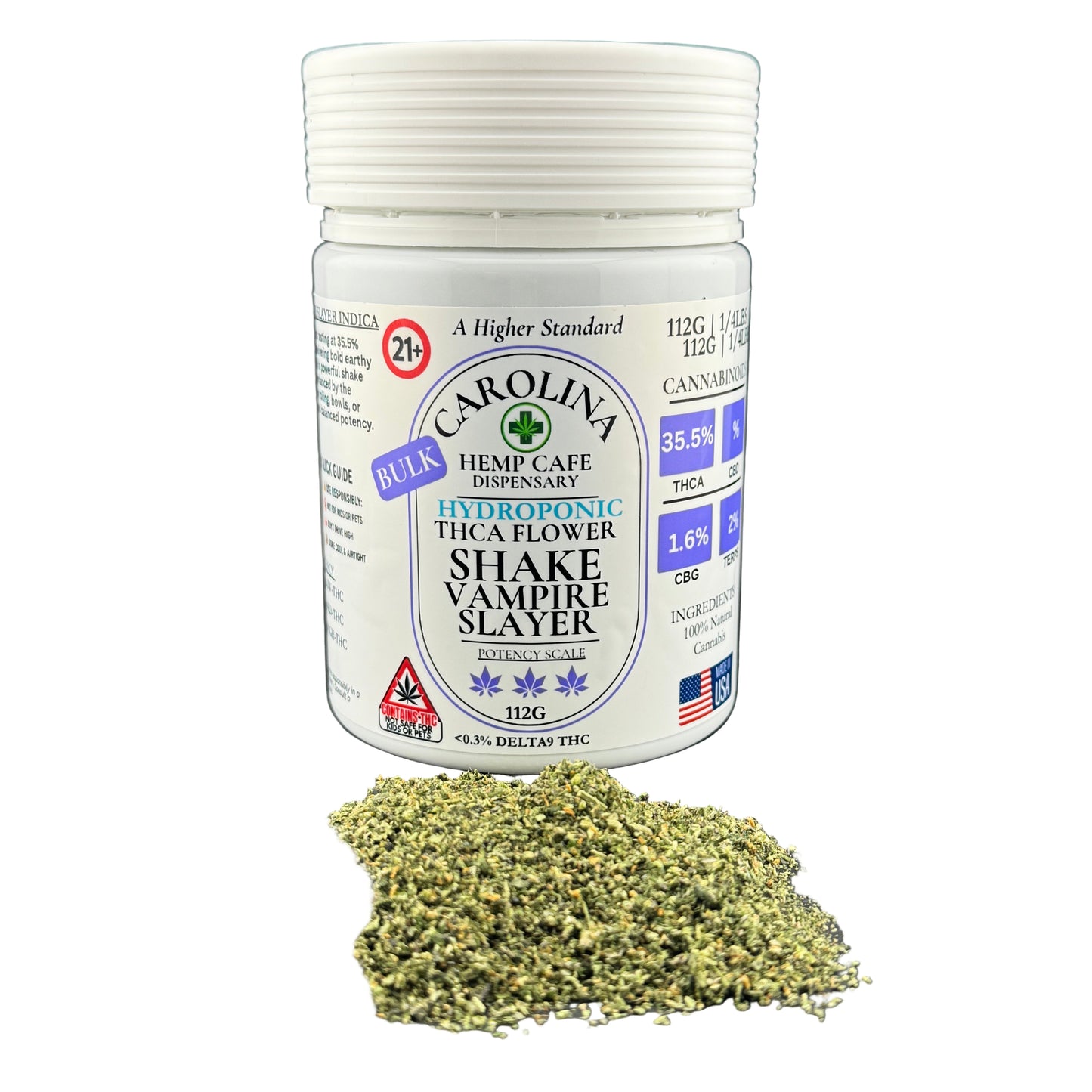 Jar of Carolina Hemp Safe dispensary hydroponic thc flower with green powder on a gray background