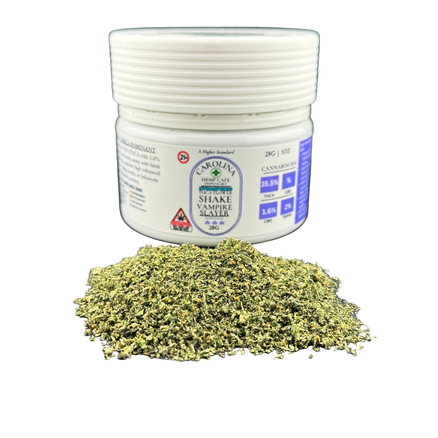 White container with green powder on a gray background