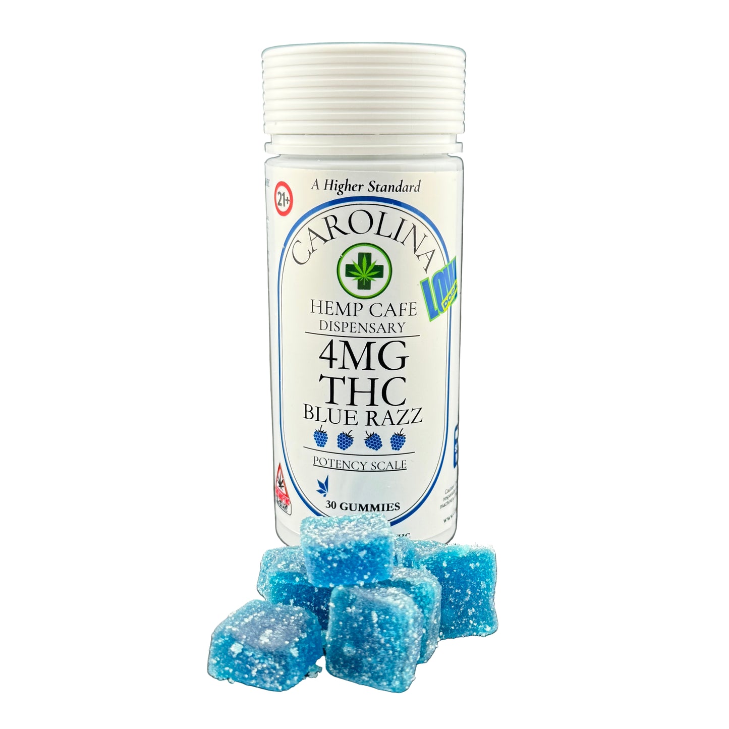 Bottle of Carolina Hemp Cafe dispensary gummies with blue candy on a gray background