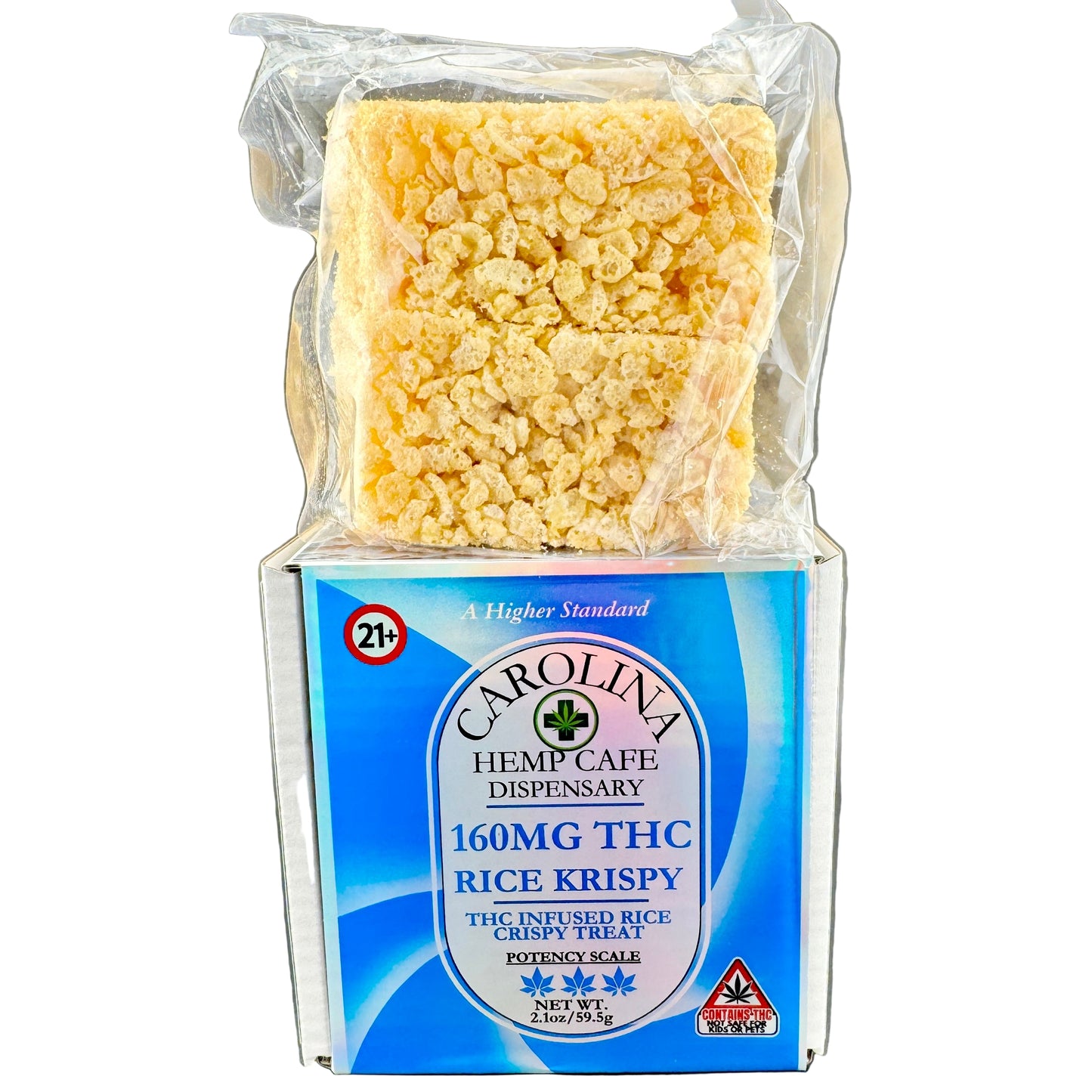 Carolina Hemp Cafe THC Rice Krispy treat packaging on a gray background