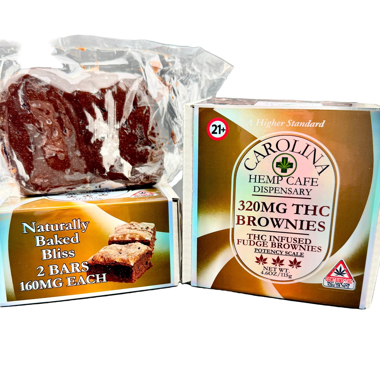 Two packages of THC-infused brownies with visible branding on a gray surface.