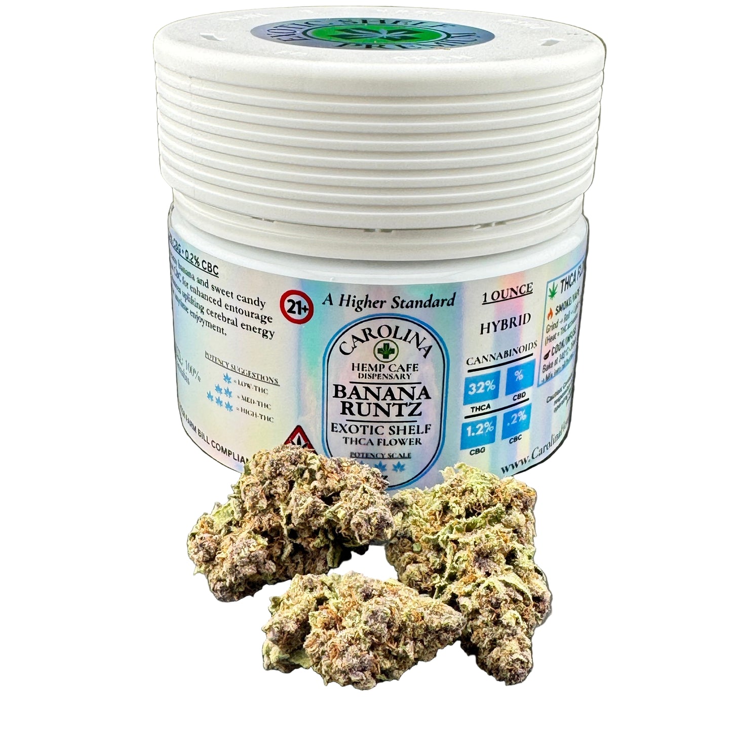 Jar of Carolina Hemp Cafe Banana Bread strain with cannabis buds on a gray background