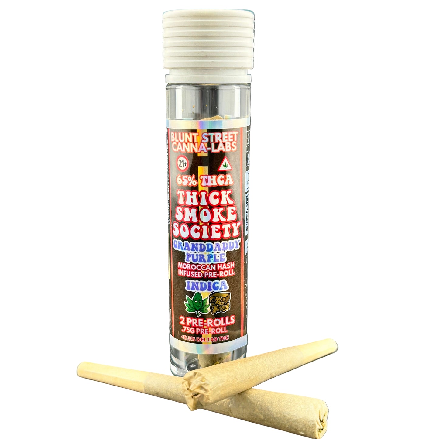 Cannabis product packaging with pre-rolls on a gray background