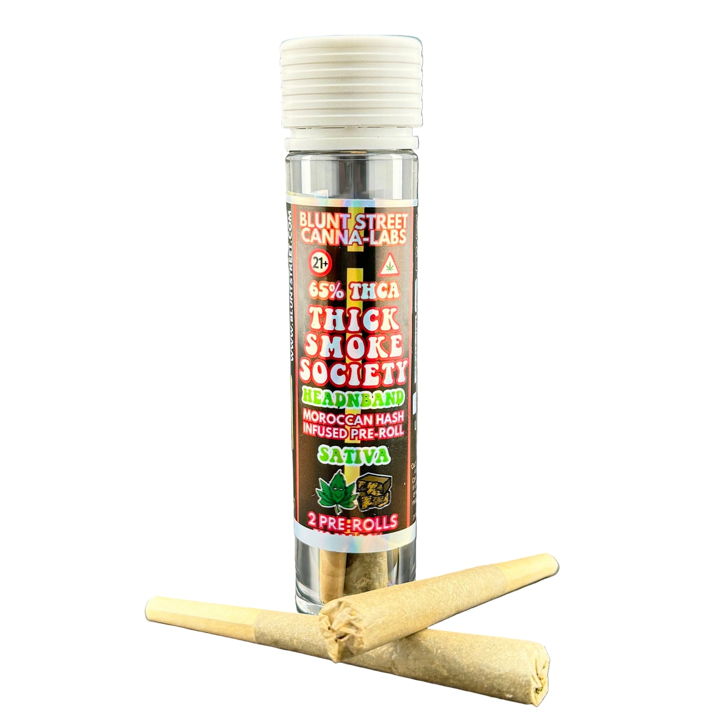Bottle of Blunt Street Cannavals Thick Smoke Society pre-rolls on a gray background