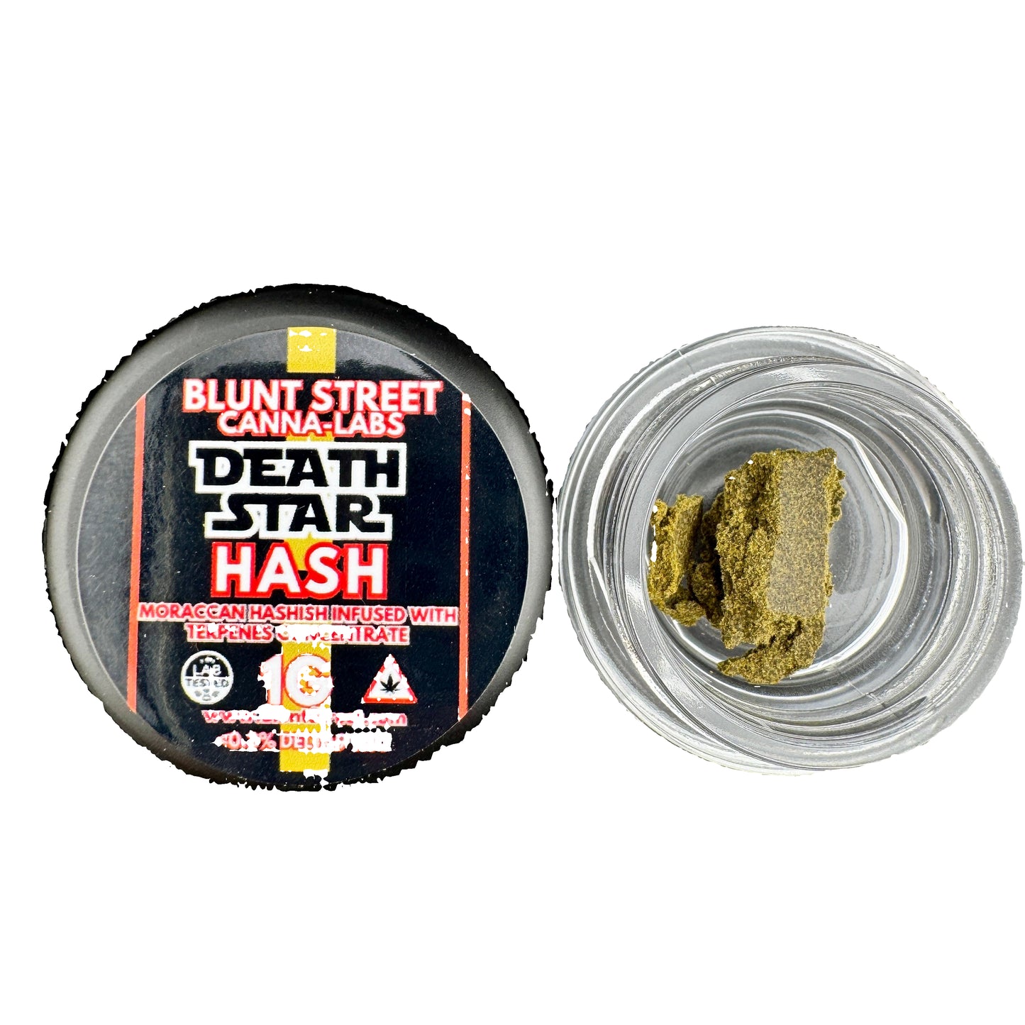 Blunt Street Canna Labs Death Star Hash container with hash inside a glass jar on a gray background