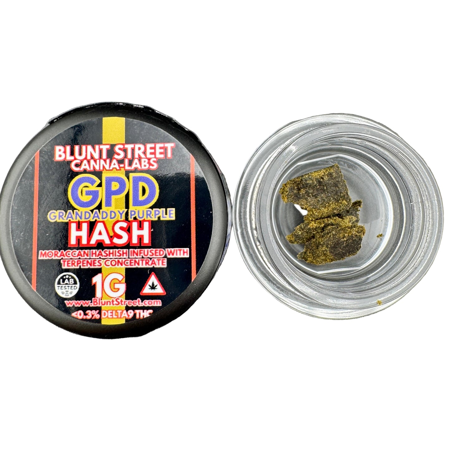Blunt Street Canna-Labs GPD Grandaddy Purple Hash container with hash inside on a gray background