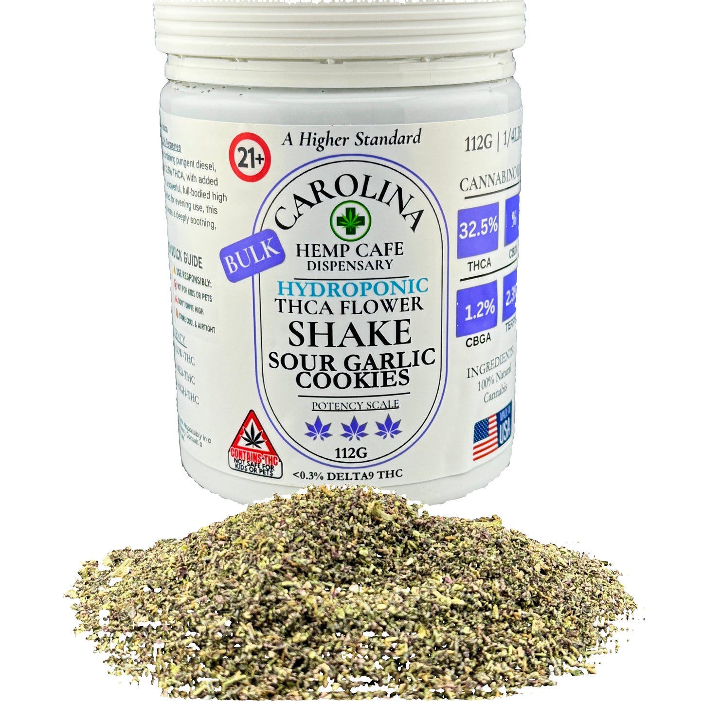 Jar of Carolina Hemp Cafe dispensary hydroponic THCA flower shake with ground herb on a gray background