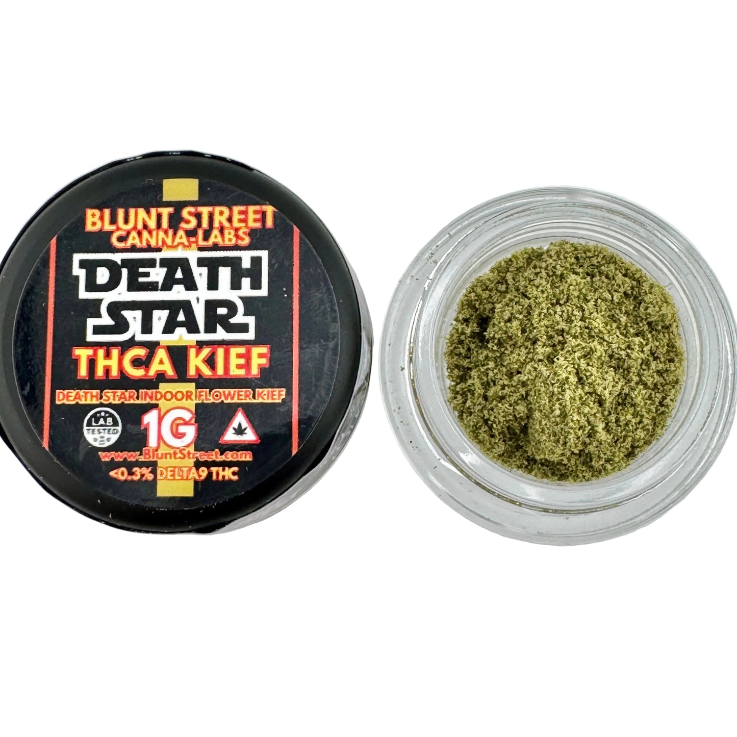 Jar of green cannabis powder with 'Blunt Street Canna Labs' label on a white background