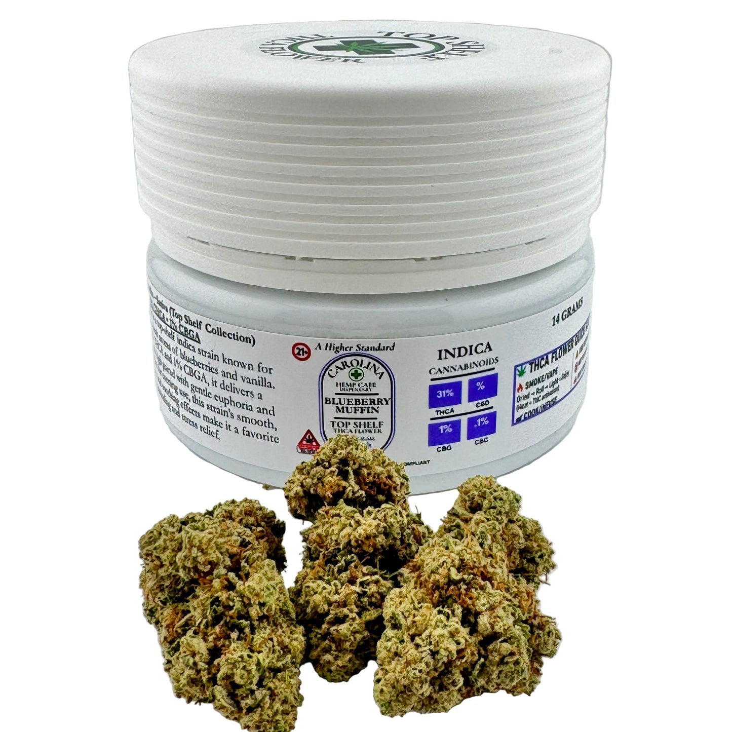 Jar of cannabis product with indica label and cannabis buds on a white background